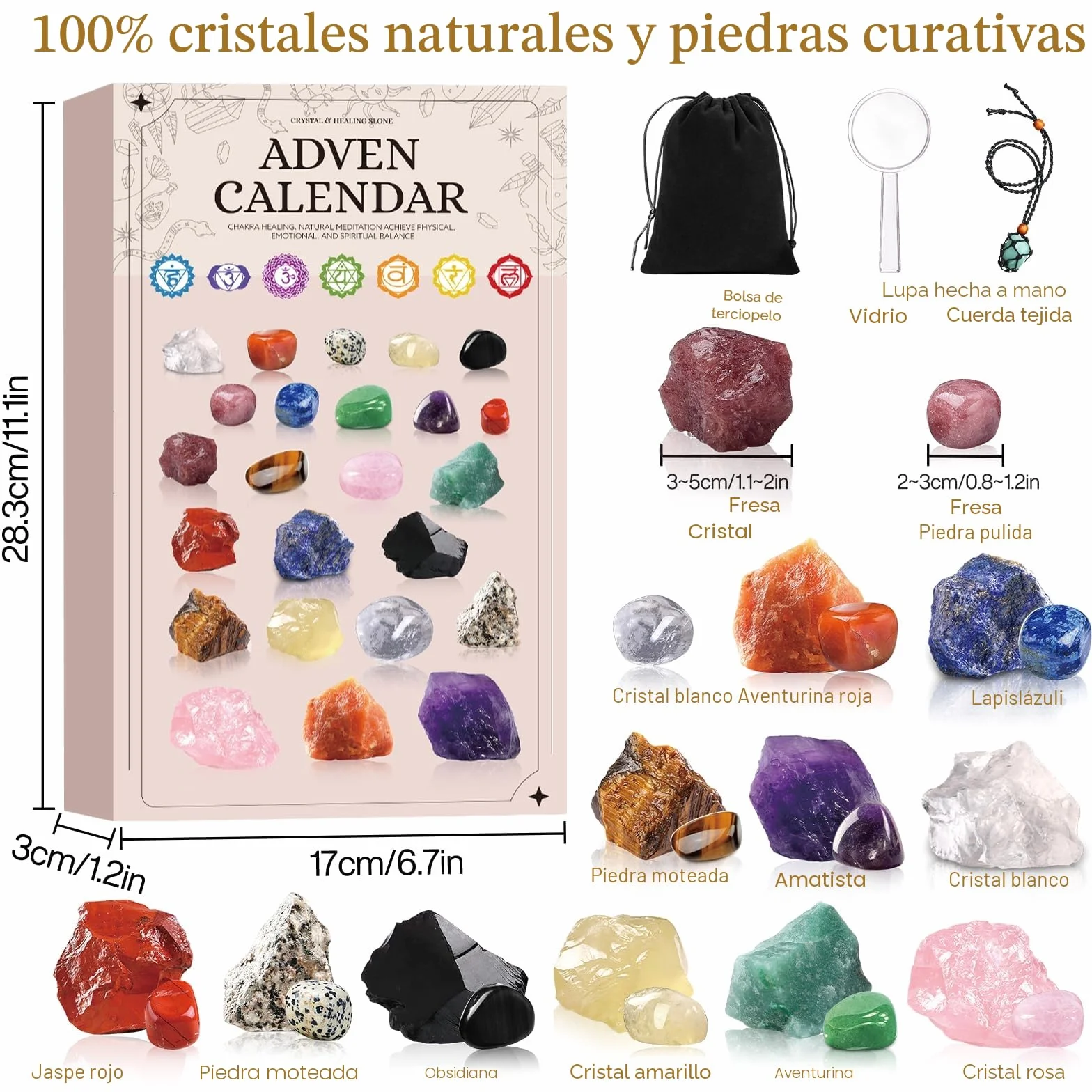 Calendario de Adviento de piedras preciosas, cristales, calendario de Adviento 2025 para niños, calendario de Navidad, cuenta regresiva con 24 cristales de chakra (A)