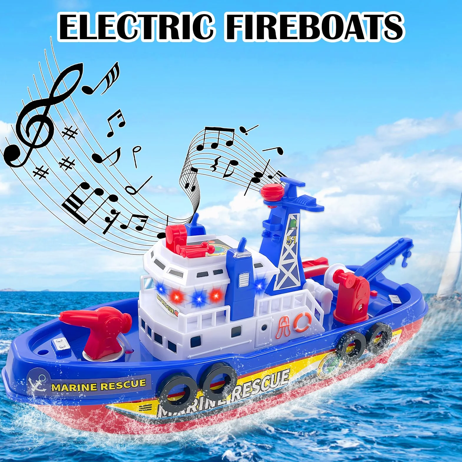 Barco de Juguete para Niños, Barco de Bomberos, Juguetes Acuáticos para Niños, Eléctrico Barco de Bomberos de Juguete con Pulverización LED Musical, Regalos Niños