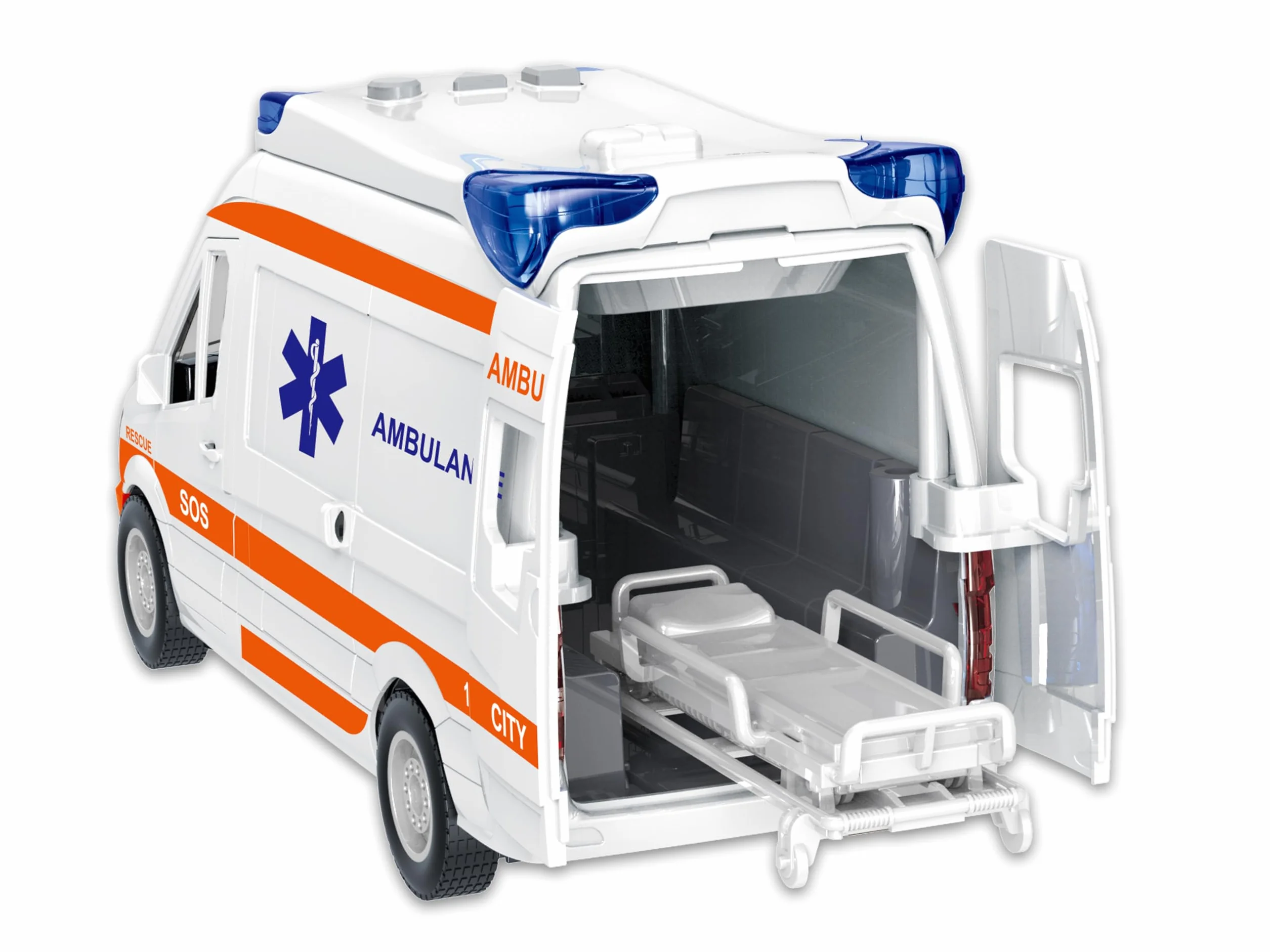 Teorema – Ambulancia Play City Escala 1:12, Juguete de Primeros Auxilios para niños, vehículo de Emergencia con Luces, Sonidos y Camilla Ajustable