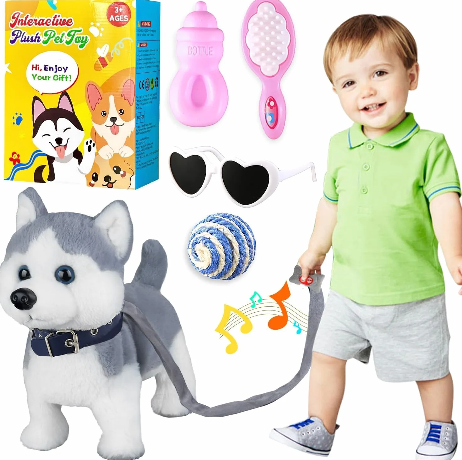 Marsjoy Juguete para Perro Husky que Camina y Ladra con Correa de Control, Robot Realista con Cola que Menea, Baile Musical Interactivo, Animal de Peluche Animado