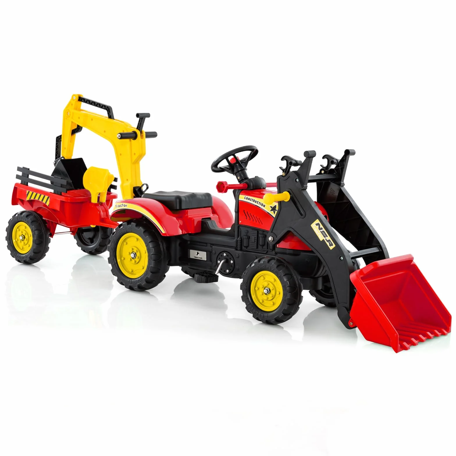 COSTWAY Tractor Pedales 3 en 1 para Niños, Topadora de Juguete con 6 Ruedas, Excavadora de Conducción con Pedales, Remolque de Carga Desmontable, Coche para Niños de 3 a 6 Años (Rojo)