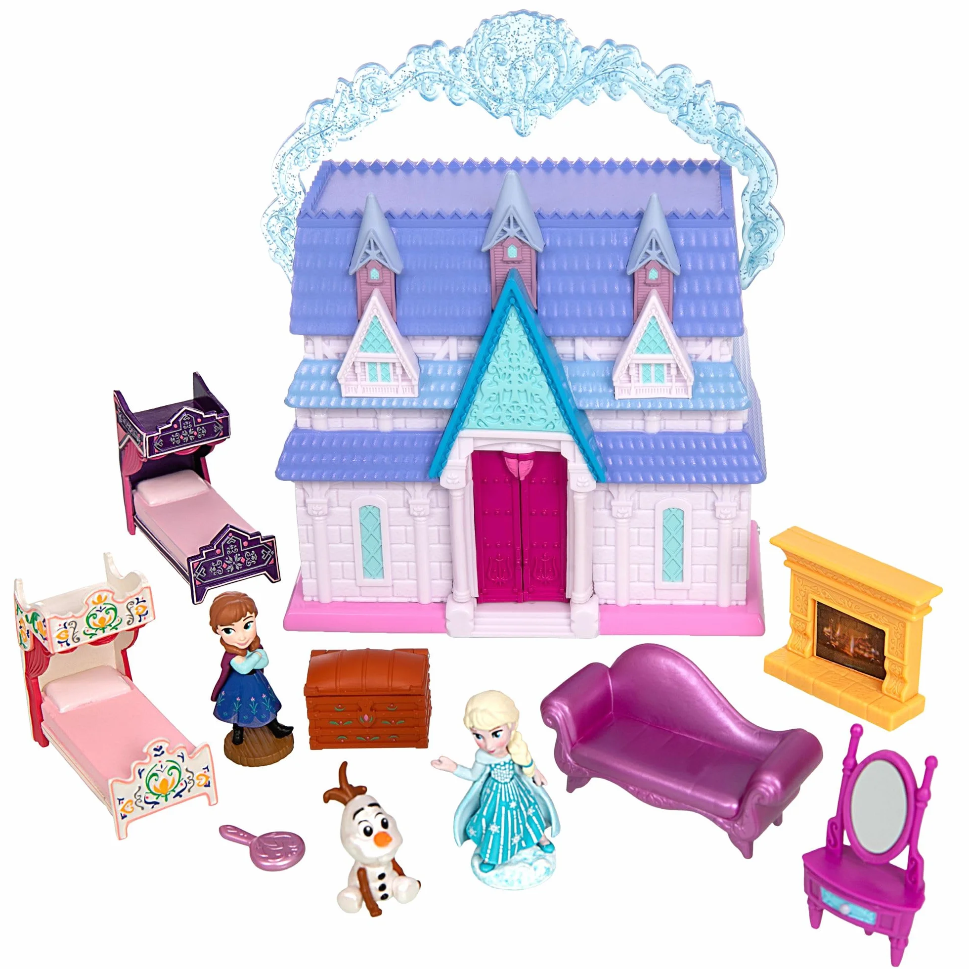 Disney Store Official, Frozen, Reina Elsa y Anna casa muñecas, colección Once Upon a Story, 11,5 cm/5", Set Juego con Olaf, el Castillo de Arendelle y Muebles de Juguete, Apto a Partir de 3 años