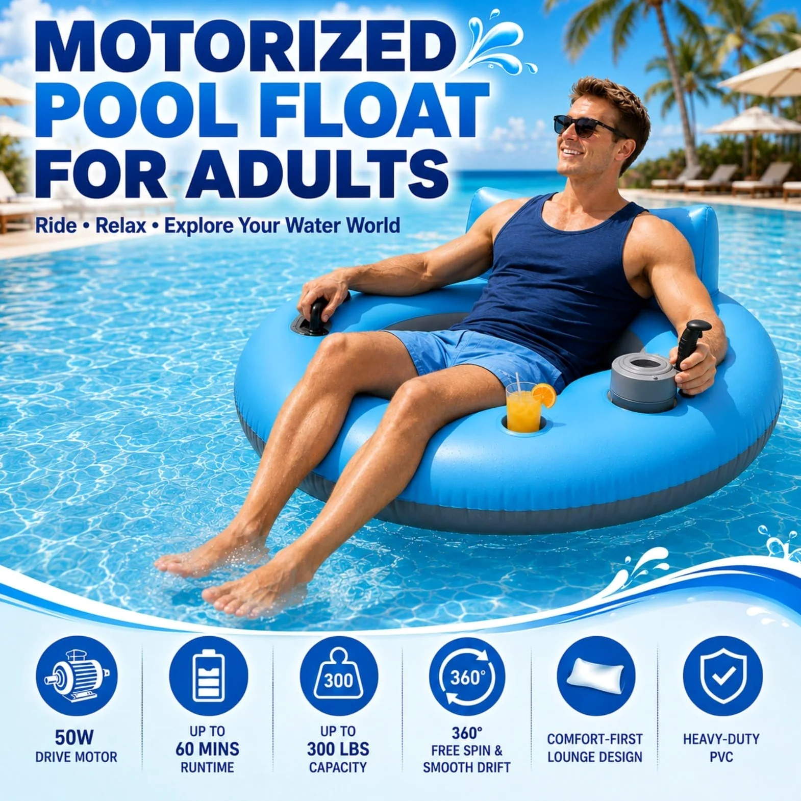 Flotador Motorizado para Piscina, Motor 50 W, Joystick 360° | PVC Grueso, Capacidad 136 kg, Autonomía 60 Min para Usuarios 14+ en Piscina, Lago, Ríos Tranquilos