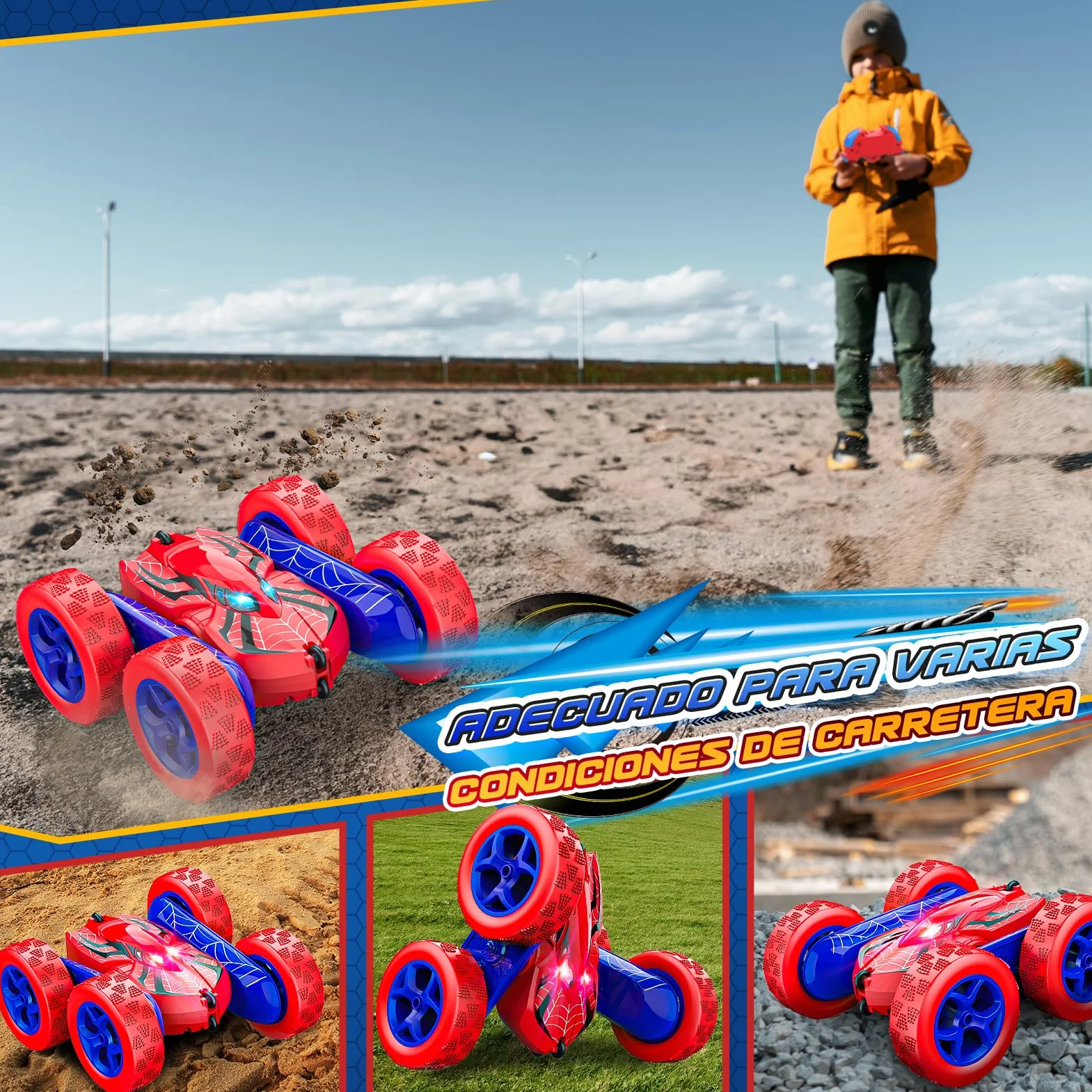 Coche Teledirigido Monster Truck 2,4Ghz 360° Rotación Luces Batería Recargable Type-C Niños 3-12 Años