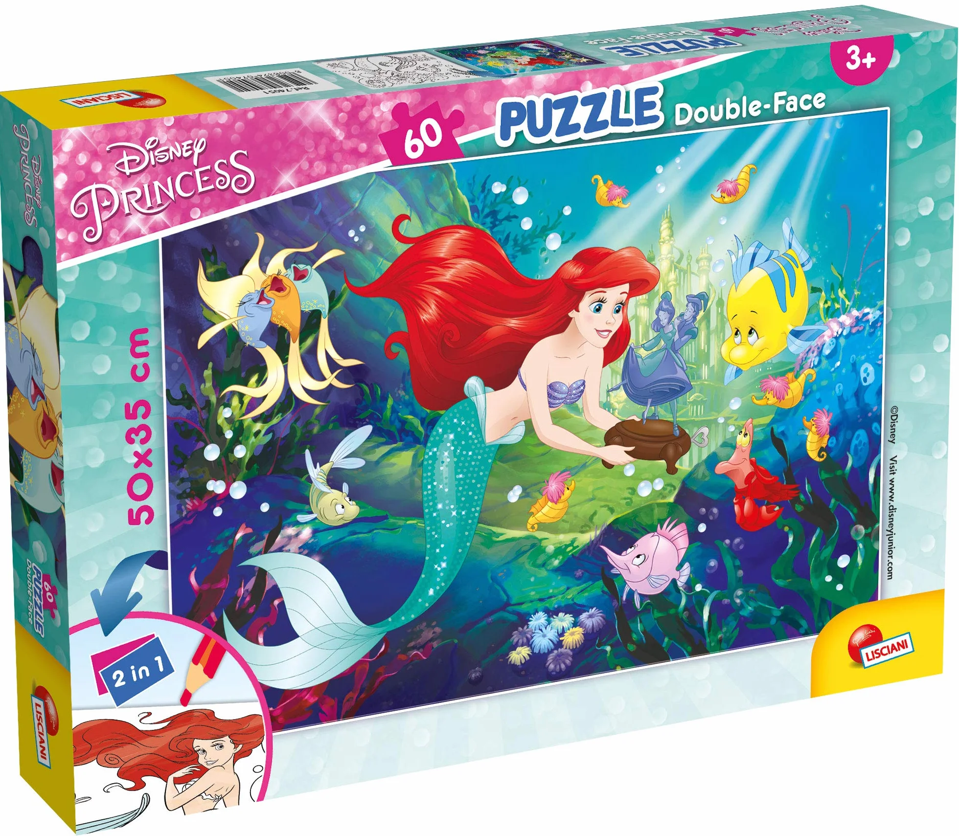 Liscianigiochi Puzzle para niños 2 en 1, Doble cara con reverso para colorear, Disney La Sirenita, Multicolor, 60 piezas