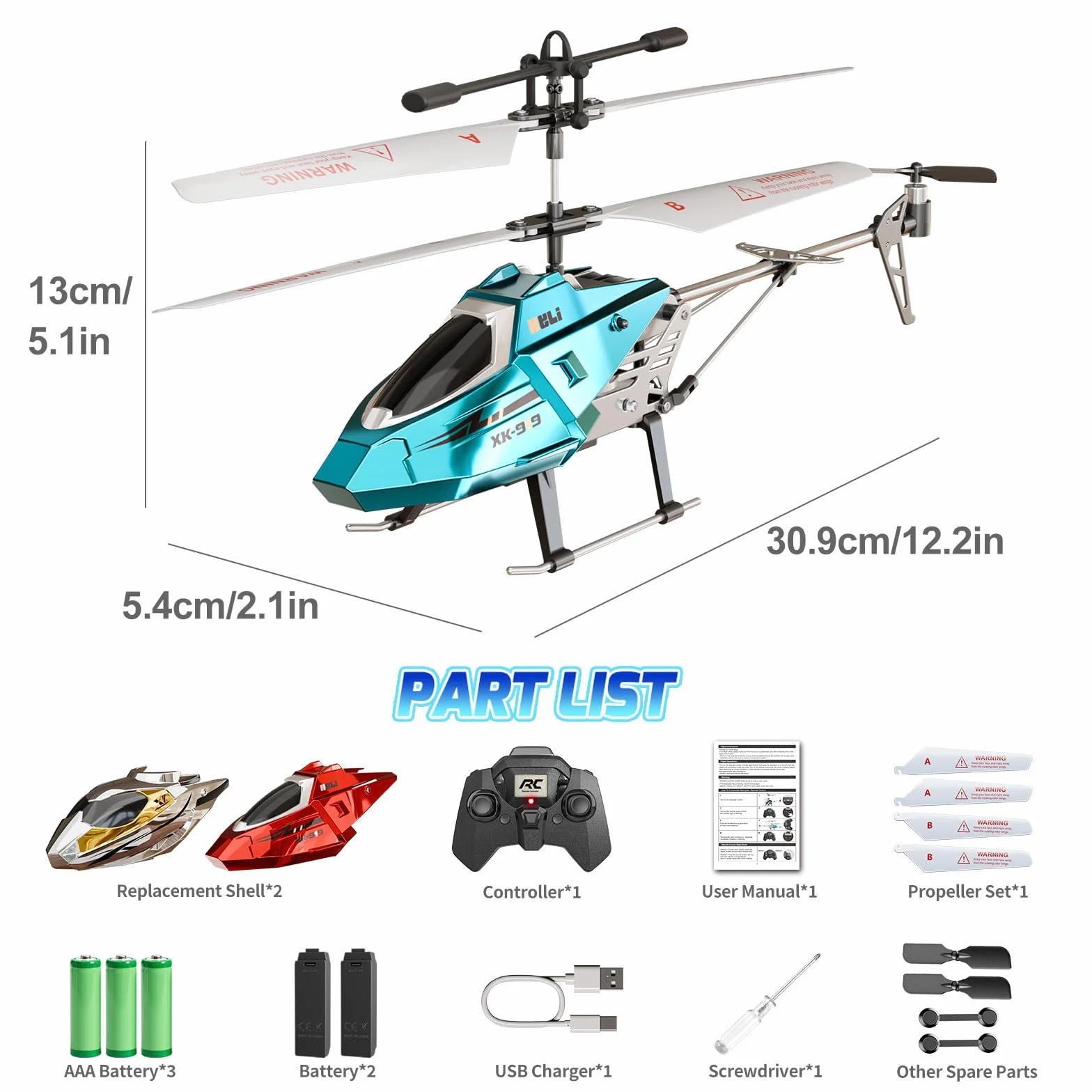 XIKOTEC Helicóptero Teledirigido para Niños, RC Helicóptero con 2 Baterías, Mantenimiento de Altitud, Luz LED y 3 Carcasas Metálicas Intercambiables, Avión Teledirigido 2.4GHz para Principiantes
