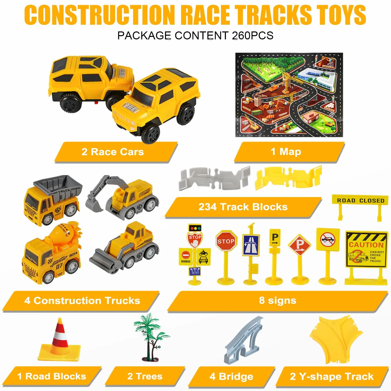 kizplays 260 Piezas Car Racing Track 6 Excavator Toy Autopista de 3 4 5 6 Años Flexible Track Crane Games Electric Car para Niños Regalo