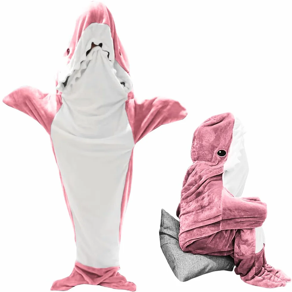 Manta de Tiburón con Capucha, Manta de Tiburón Onesie Saco de Dormir, Suave Franela Tiburón Manta con Capucha, Wearable Cola de Tiburón Onesie Manta (L(67 * 27,5in), Rosa)