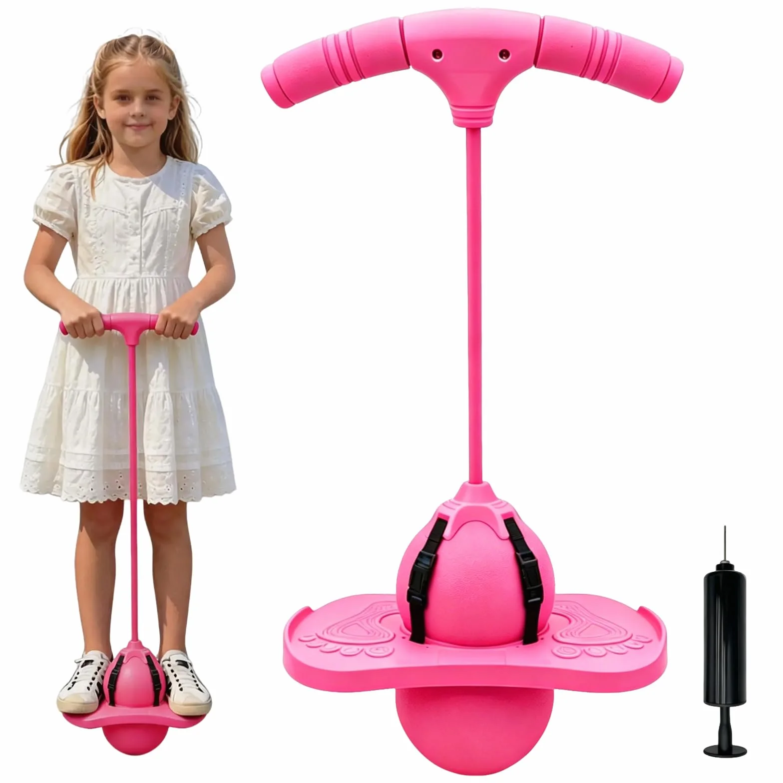 Balón para Saltar, Pelota de Salto de Pogo, Pelota de Rebote con Mango y Bomba de Aire, Parte Inferior Antideslizante, para Entrenar el Equilibrio, para Interiores y Exteriores (Rosa)