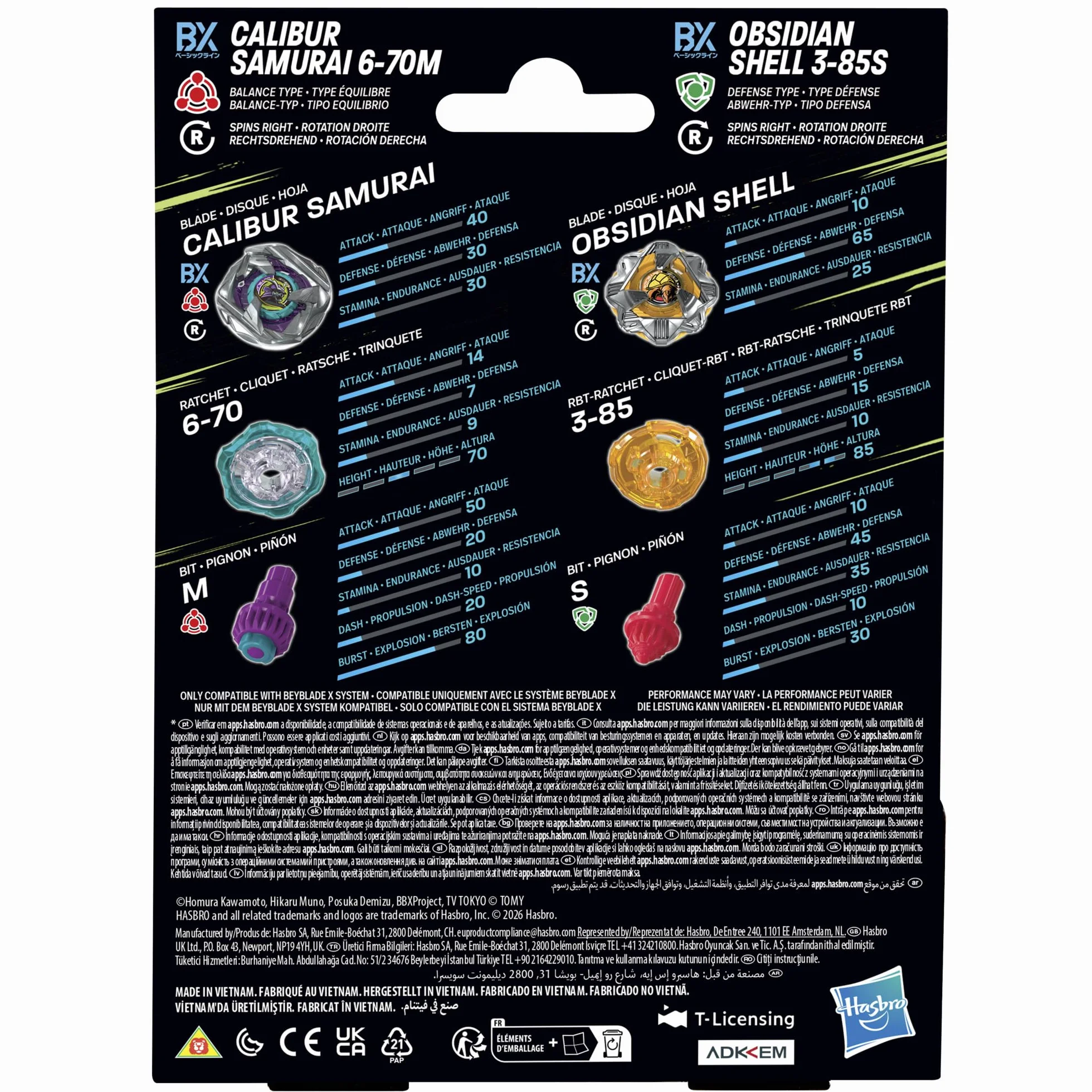 Beyblade X, Pack Doble Calibur Samurai 6-70M Bx y Obsidian Shell 3-85S Bx Takara Tomy con 2 Tops de rotación Derecha, Tops de Batalla, A Partir de 8 años
