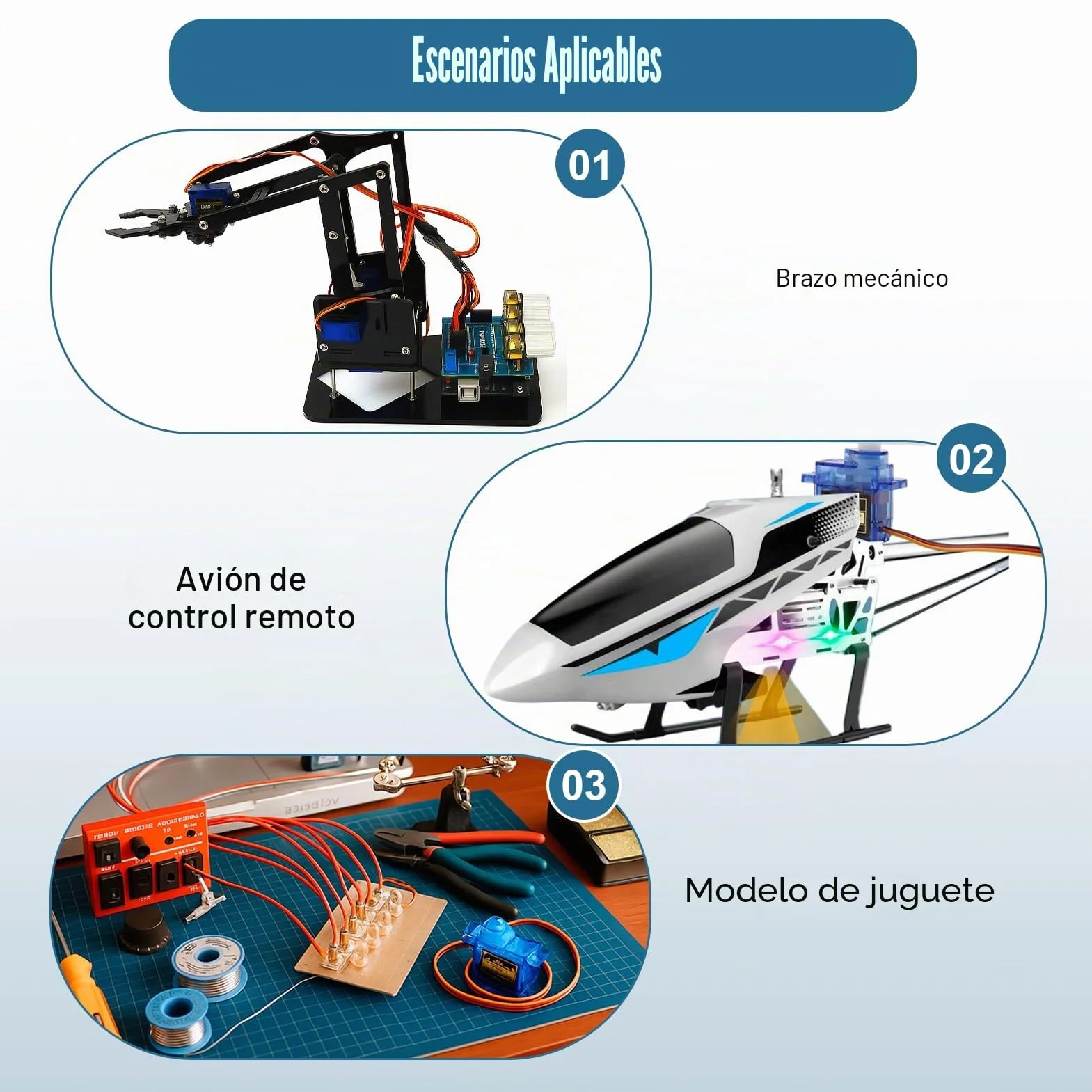 Paquete de 3 microservomotores de 9G, servo SG90 para Arduino, miniservos para proyectos RC, Brazos robóticos, helicópteros, Barcos y vehículos, Control por Cable, ángulo de Control de 180°, Azul