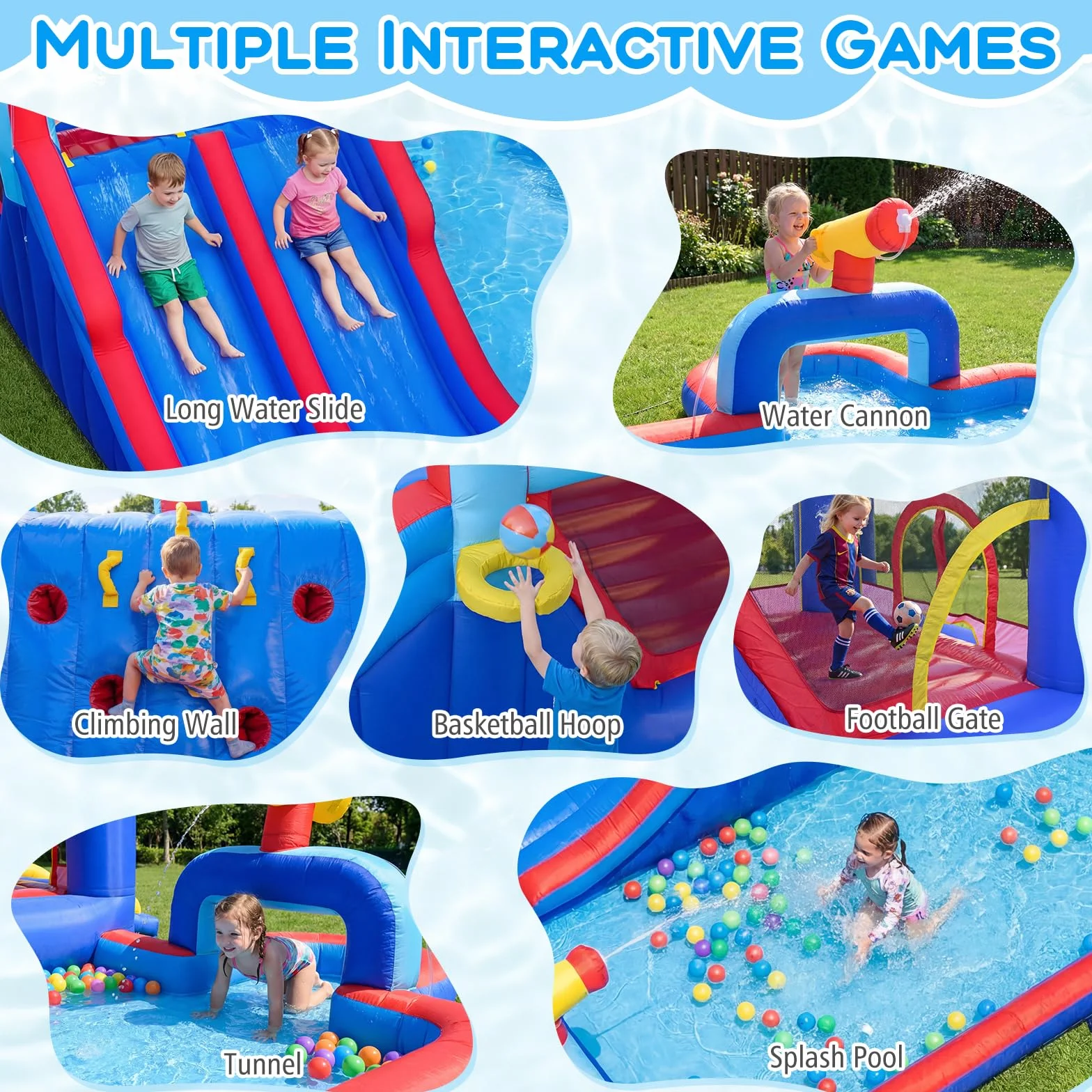 GOPLUS Castillo Hinchable, Castillo Inflable 2 en 1 con Pared de Escalada, Cañones, Piscina de Chapoteo y Tobogán Acuático, Casa de Saltos Infantil para Interior y Exterior, Soplador No Incluido