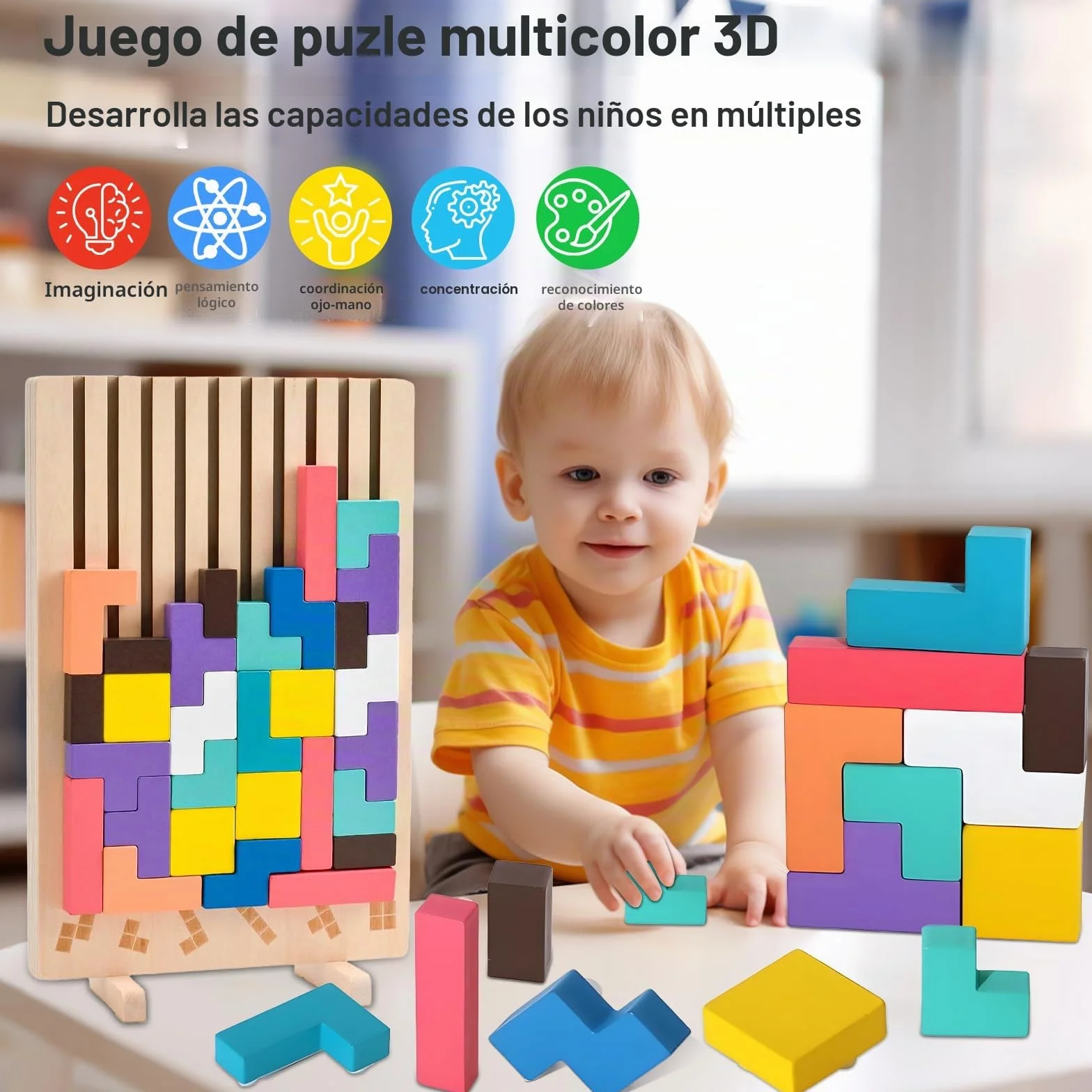 ZLPBAO Puzzle de Madera Tetris con 10 Tarjetas y Bolsa de Almacenamiento, Rompecabezas Niños, Tetris Puzzle 3D Madera,Juguetes Sensoriales, Juegos Montessori 3 4 5 6 Años