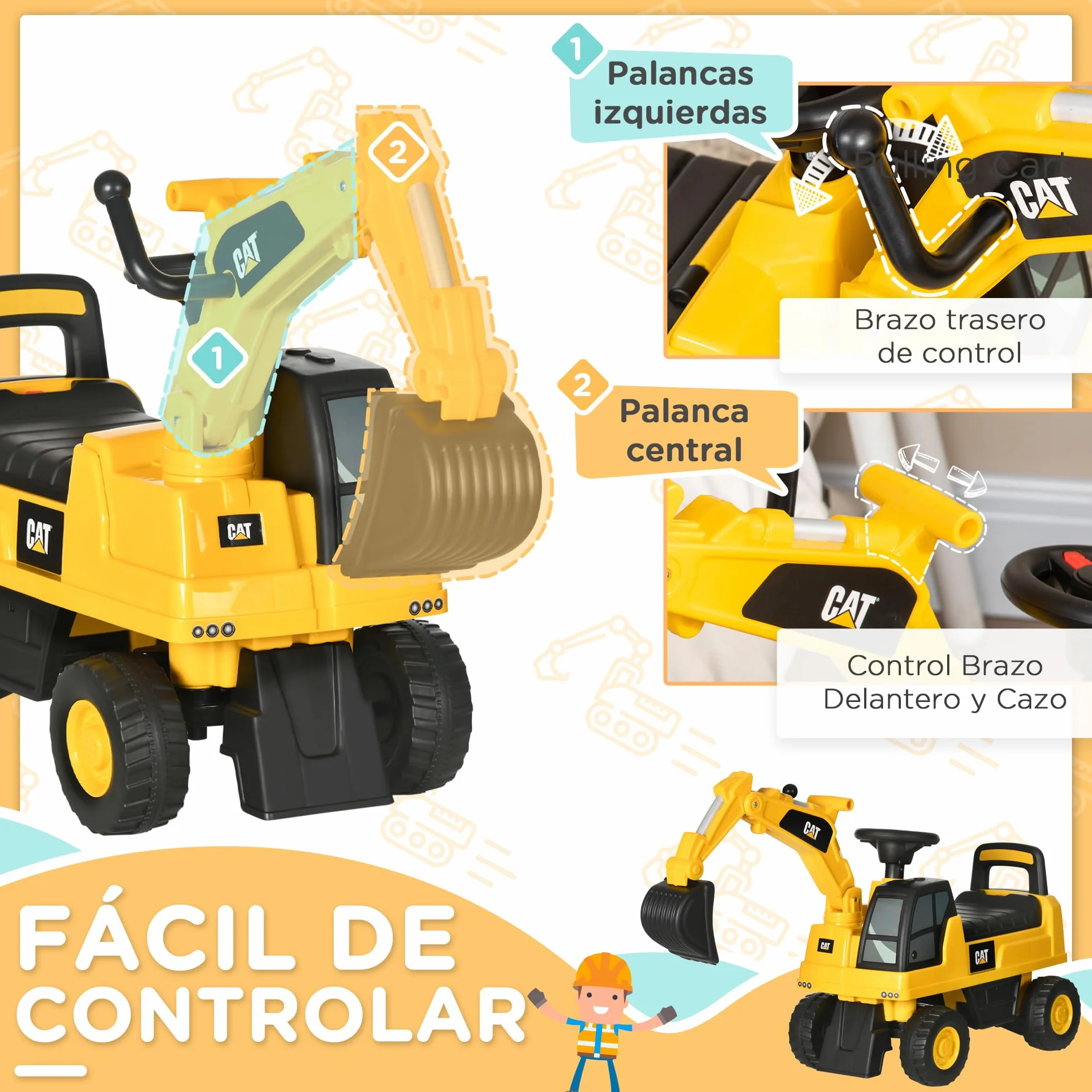 Caterpillar HOMCOM Excavadora Correpasillos para Niños 12-36 Meses 25 kg 85x27,5x47,5 cm Amarillo