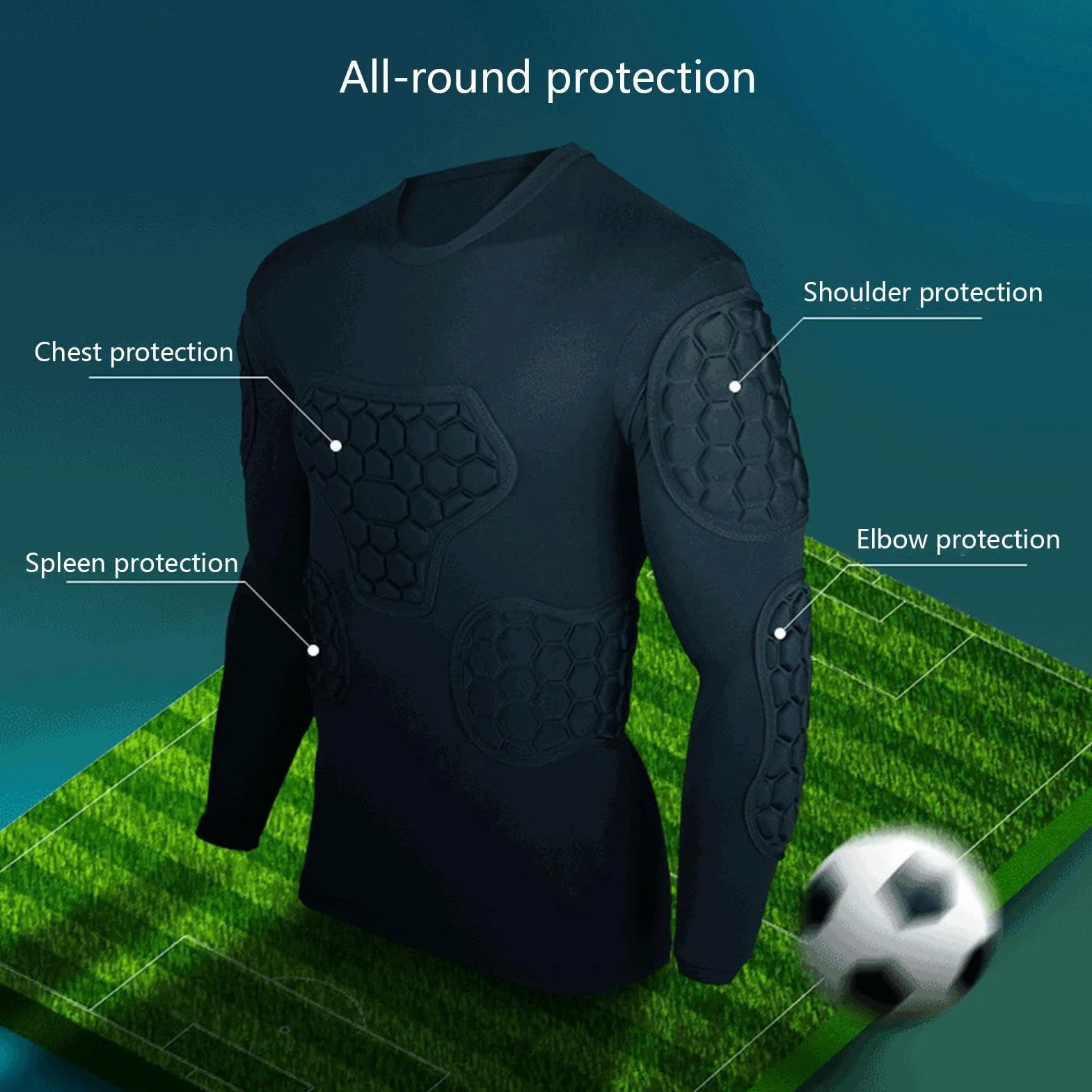 Teksome Camiseta de compresión acolchada de fútbol para portero manga larga negra