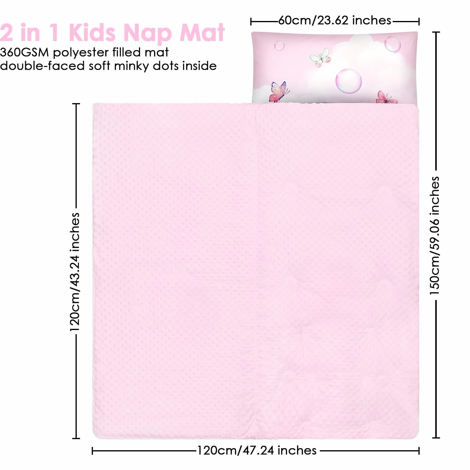 Cálida Alfombrilla de Siesta para Niños Pequeños con Almohada Extraíble, Saco de Dormir Plegable para Niñas y Niños, Bolsa de Dormir con Cremallera para Camping Siesta, 150×60cm