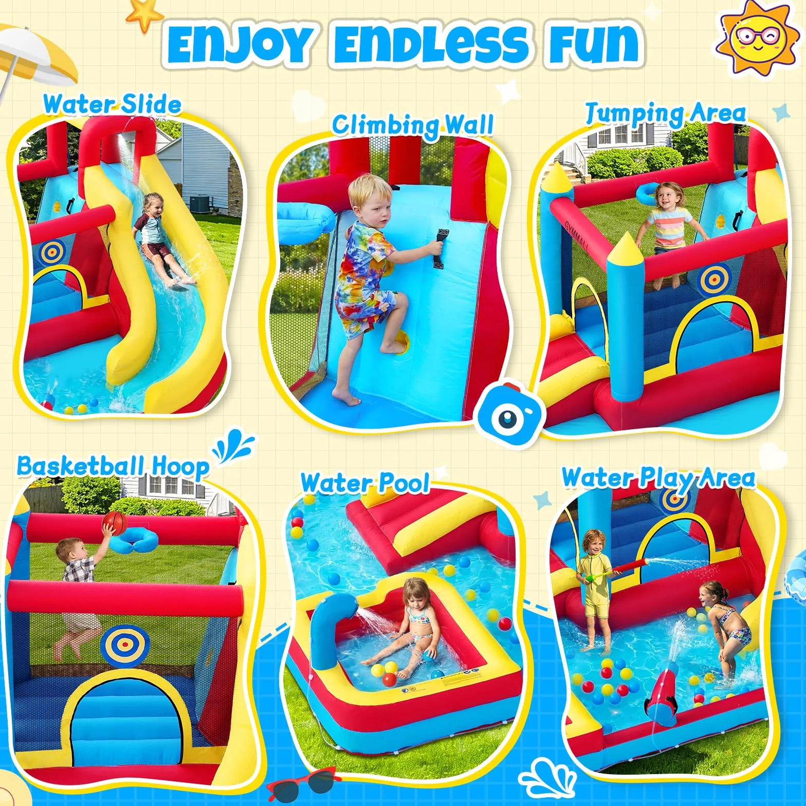 Castillo Hinchable para Niños, 8 en 1 con Soplador 480W, Tobogán Largo, Pared de Escalada, Trampolín y Zona de Chapoteo, Ideal para Uso Interior y Exterior en Vacaciones