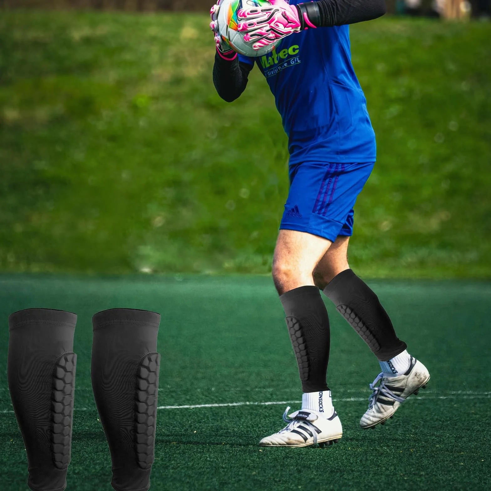 Espinilleras de fútbol con calcetines de mangas, ergonómicas y elásticas para fútbol, baloncesto, ciclismo, escalada