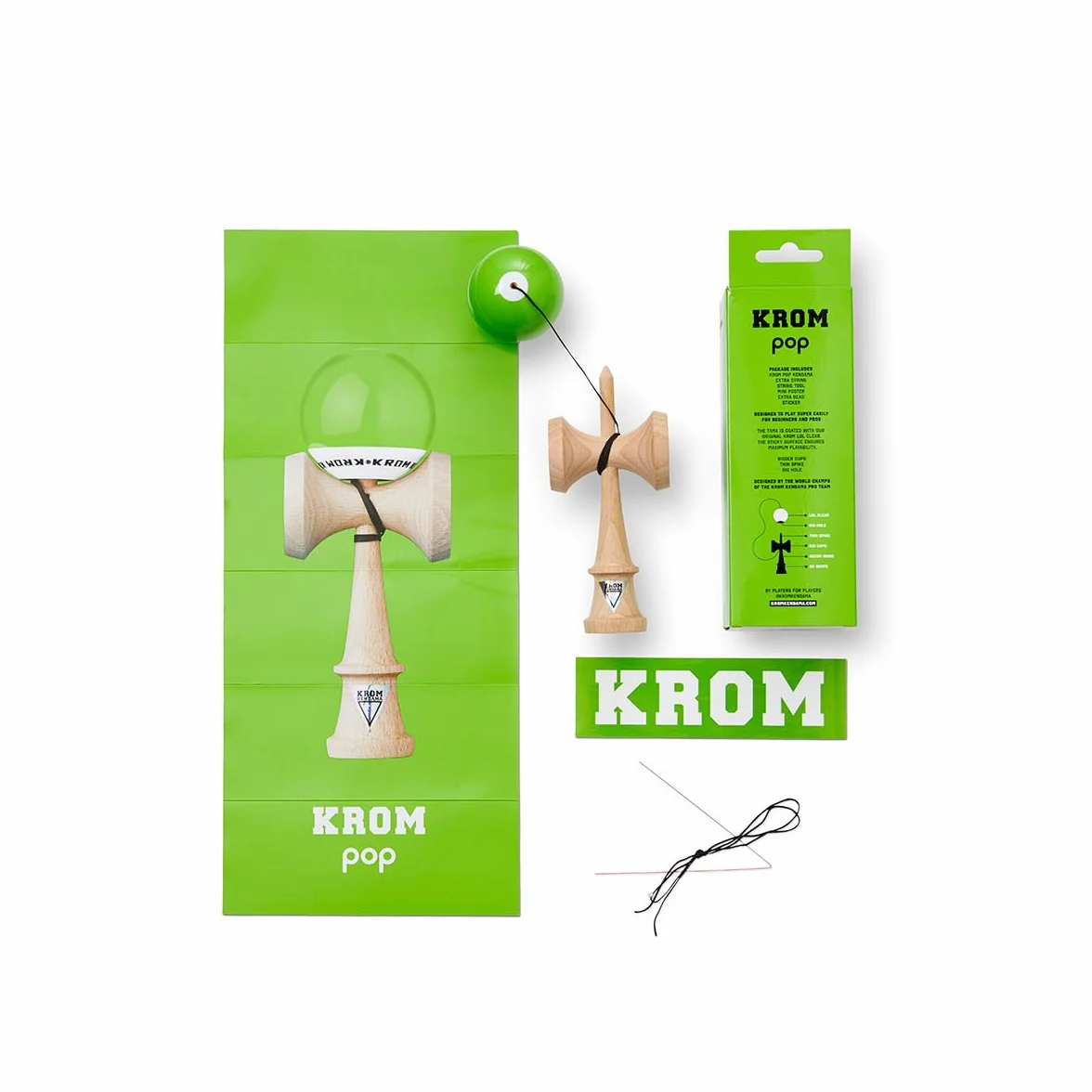 KROM Kendama Original de Madera para Principiantes y avanzados - Pop LOL Verde Claro - Juego de Habilidad para Exteriores e Interiores - Juguete de Madera con Cuerda y Pelota