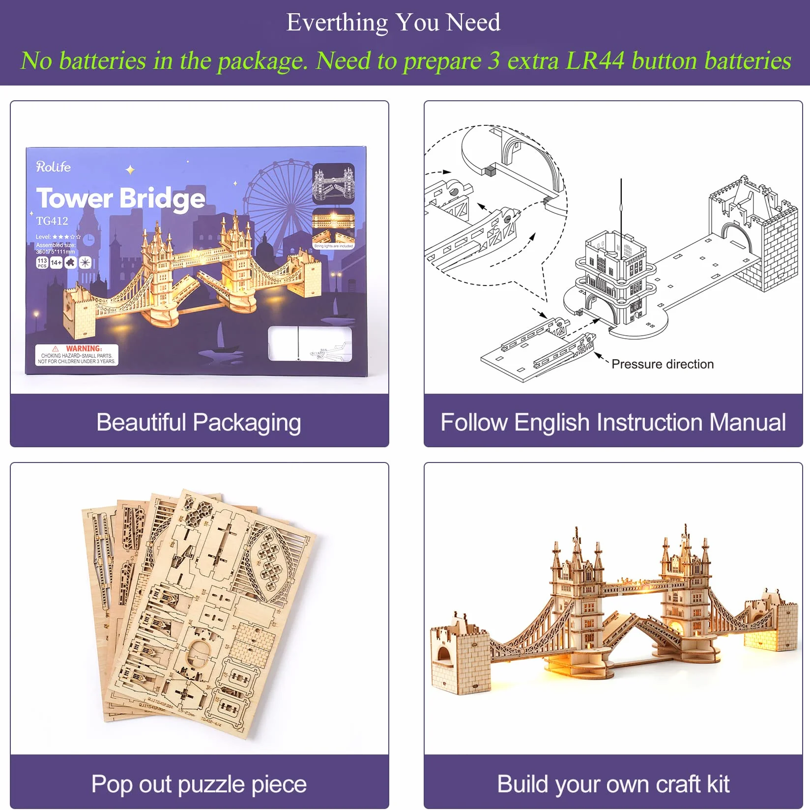 Rolife Puzzle 3D Madera Antiguo Maquetas para Montar para Construir Adultos Niñas Puente de la Torre 113 Piezas, Tower Bridge, Sin Pilas en el Paquete