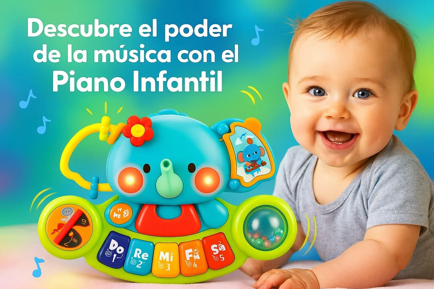 Hola - Piano Infantil de Juguete - con Luces y Sonidos Reales de Instrumentos Musicales - Juego Elefante Musical con Teclado y 7 Actividades - Juguete Sensorial y Educativo - Regalo Bebe +6 Meses