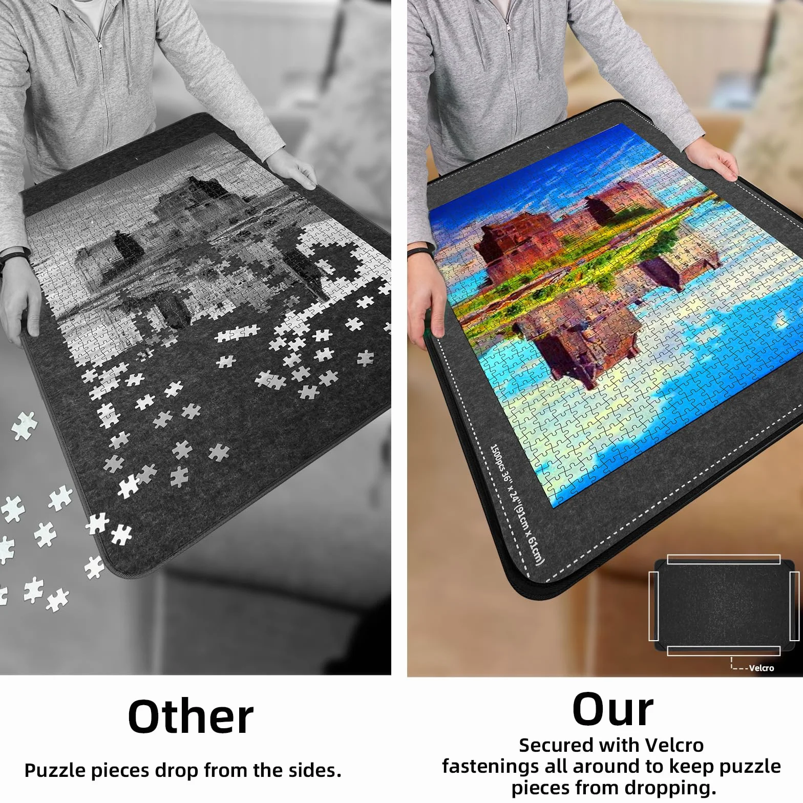 MOZOOSON Tablero de Rompecabezas Plegable, Puzzle Board 1500 Piezas, Accesorios para Mover y Guardar, Tapete Puzzle Portátil 8 Bandejas de Clasificación + 1 Cover