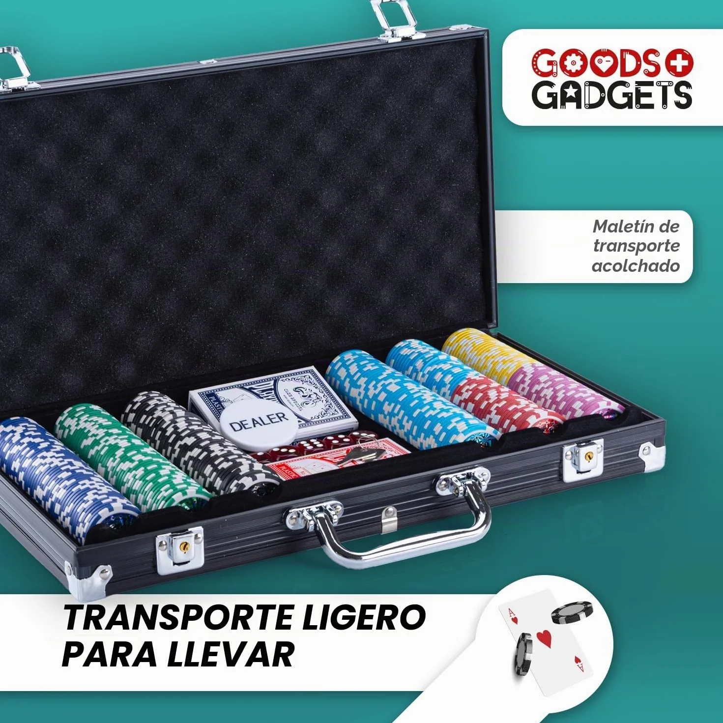 GOODS+GADGETS Maletín de Póquer con 300 a 500 Fichas, Baraja de Cartas, Dados y Botón del Crupier - Maleta de Aluminio con Cerradura (Negro, 300 Fichas)