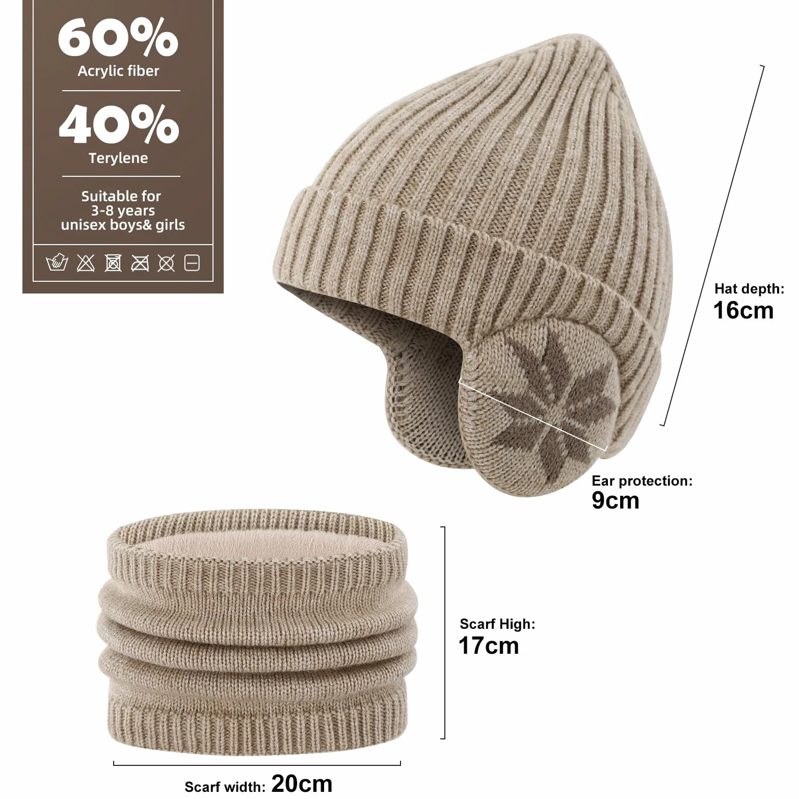 Set de Gorro y Bufanda Niño Invierno Lana con Orejeras Forro Polar