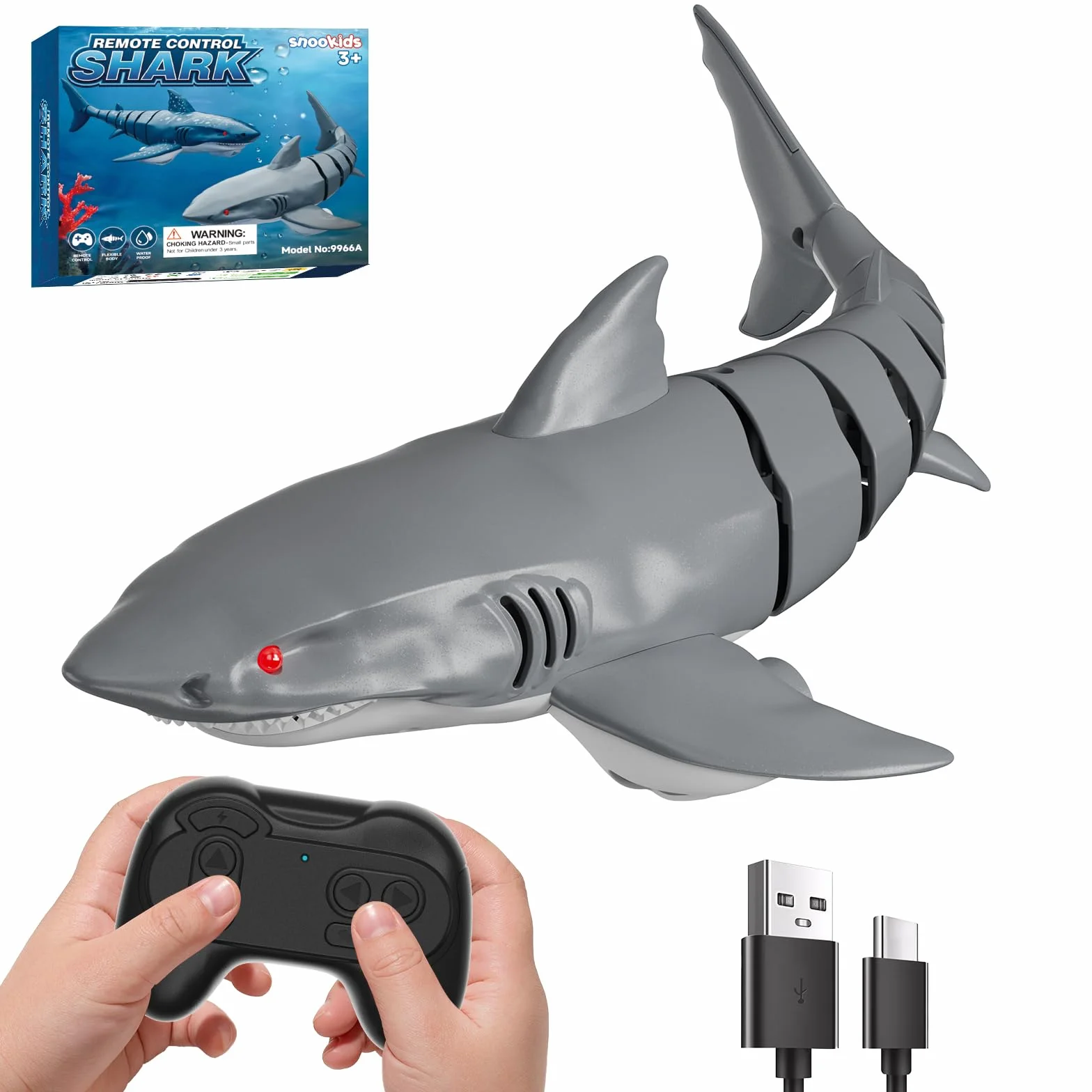 snookids Tiburón Teledirigido Juguete – 2,4 GHz Barco Teledirigido Simulación Shark, USB Recargable, Juguete Piscina con Luz en Ojos y Encendido Automático, Regalo para Niños y Niñas