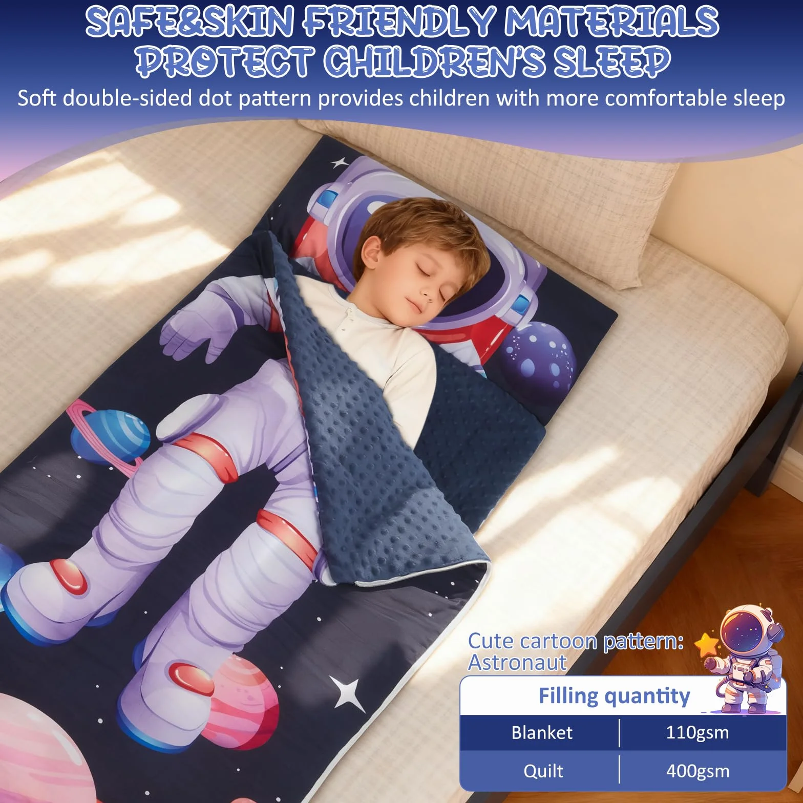 Saco de Dormir Infantil para Niños y Niñas 3-8 Años (120x60 cm), de Algodón con Forro Polar, Ligero y Cálido con Almohada Desmontable, para Guardería, Viaje y Camping
