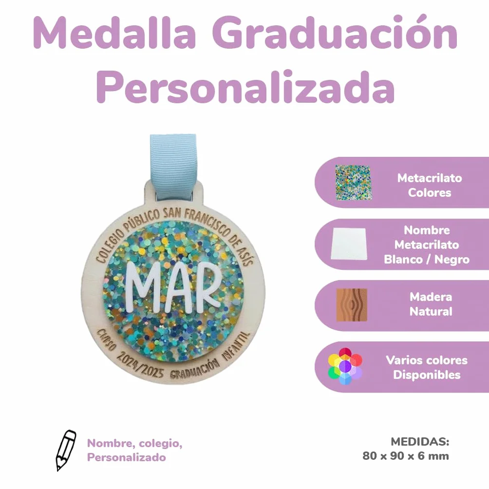 Pack Medallas Personalizada de Madera Natural y Metacrilato con Nombre, Regalo Original para Fin de Curso y Graduación