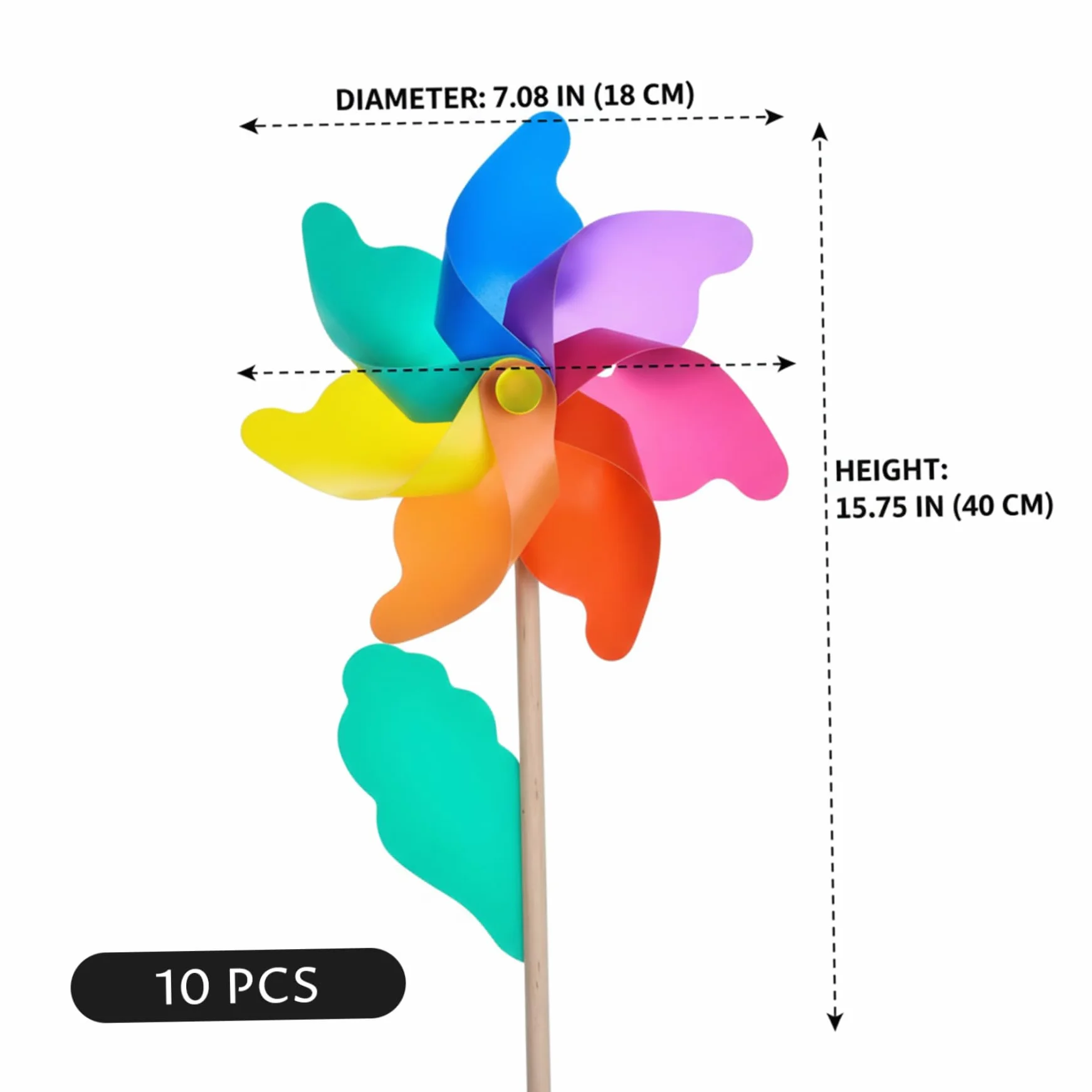 Molino de viento de plástico colorido de 7 pulgadas para niños con poste de madera de 15.8 pulgadas, 10 molinillos para patio y jardín.