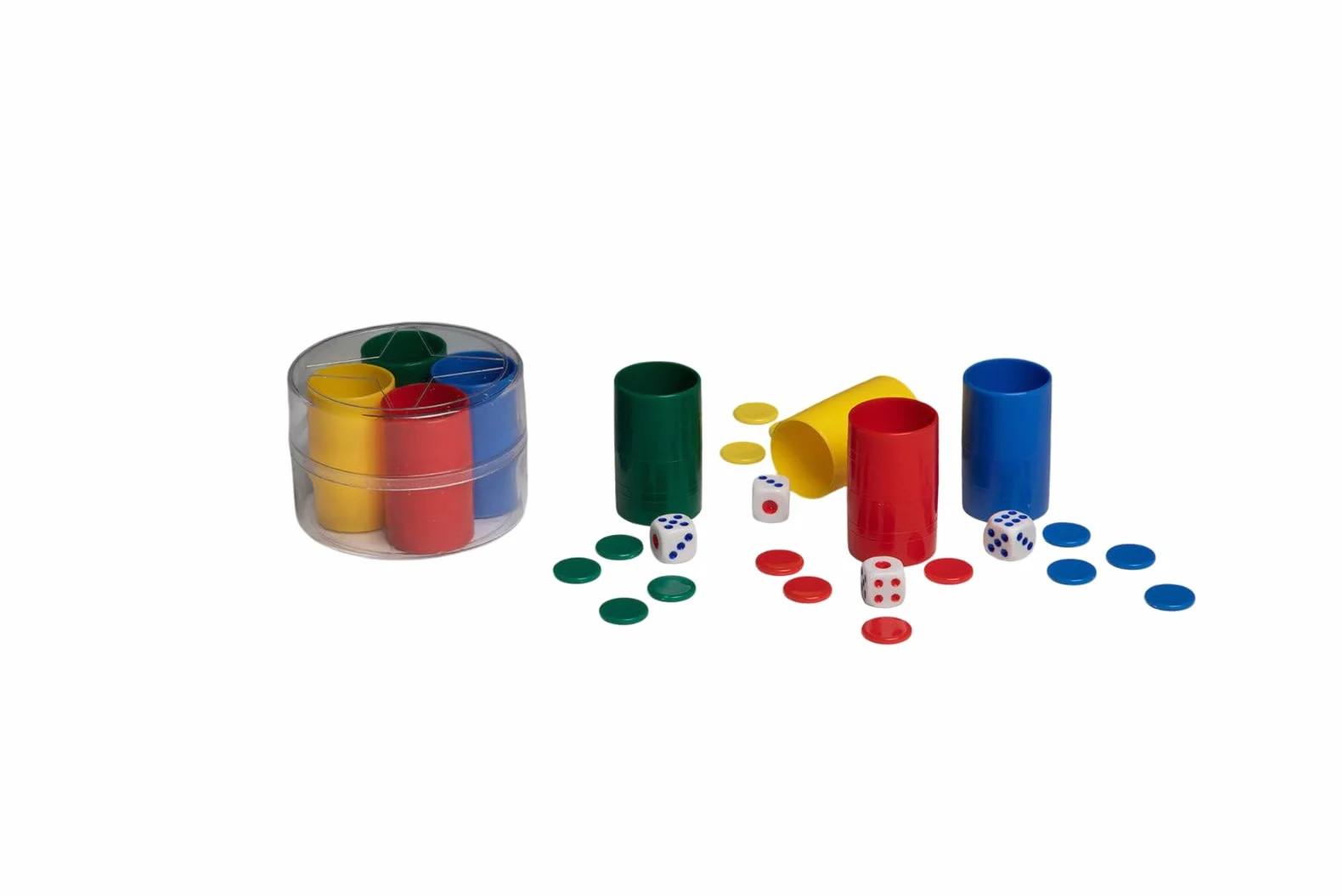 Set de Cubiletes de Plástico para Parchís y Oca, con Dados y Fichas, Multicolor (Set 4 cubiletes - Multicolor)