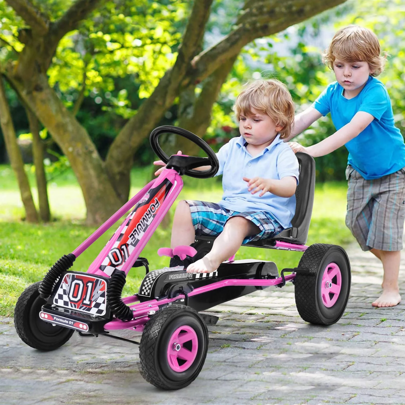 GOPLUS Kart con Pedal Infantil, Asiento Ajustable, Avanzar y Retroceder, con Embrague y Freno, Pedales Antideslizantes, 4 Ruedas, Bicicletas y Vehículos para Niños de 3-8 Años (Rosa)
