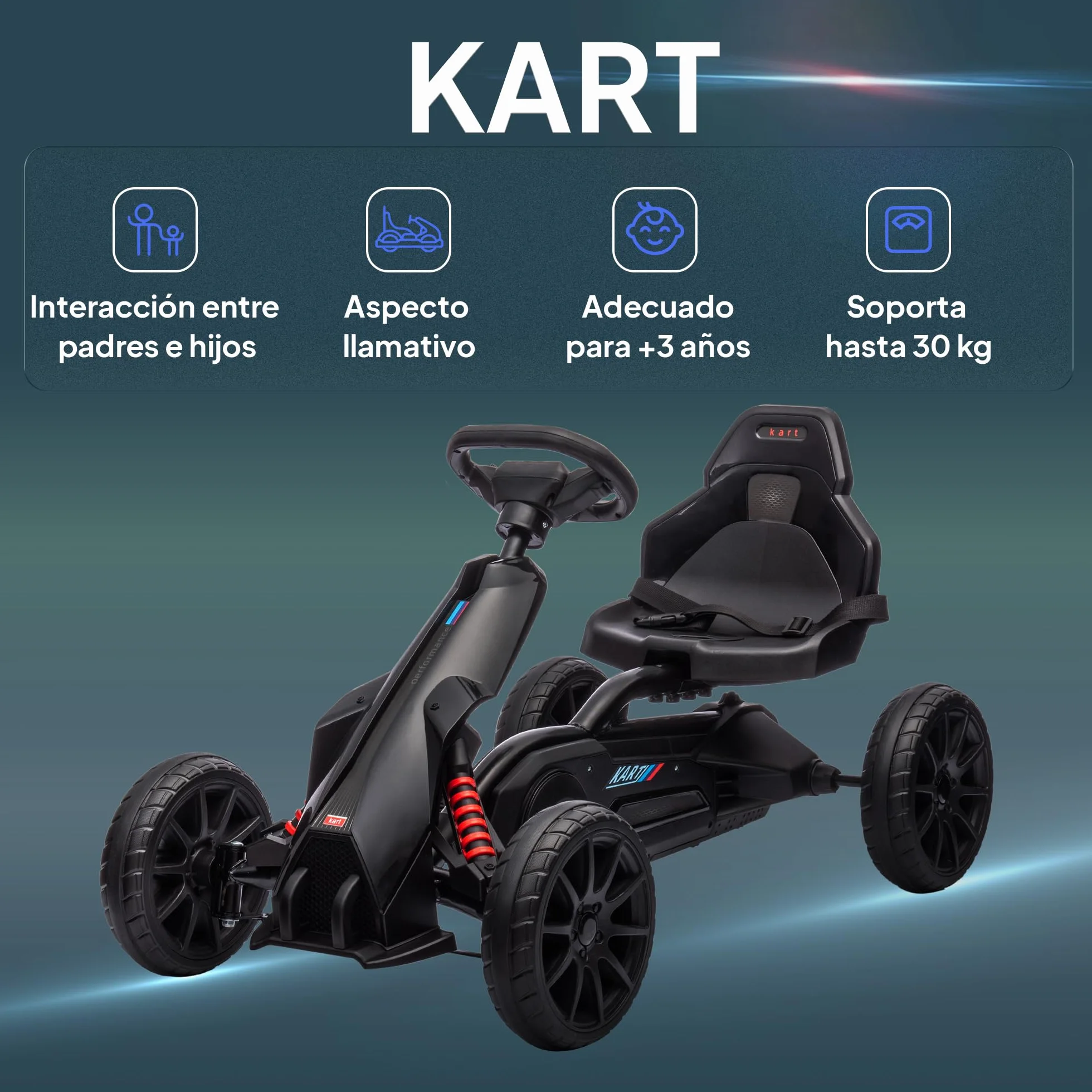 HOMCOM Kart Pedales Go Kart a Pedales para Niños de 3-8 Años con Asiento Ajustable en 4 Posiciones Freno de Mano Ruedas de EVA y Marco Metálico Carga 30 kg Negro