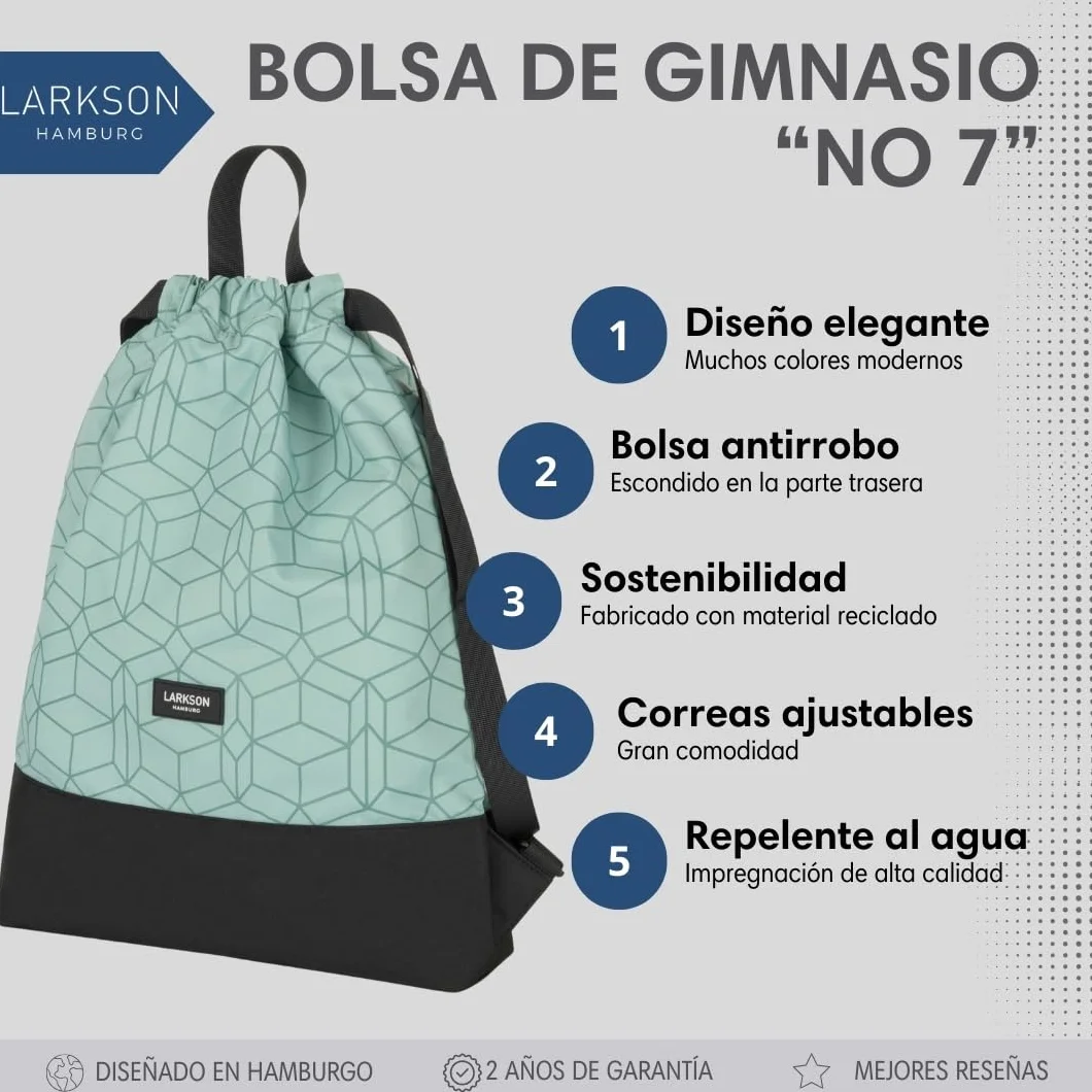 LARKSON Bolso de Deporte para Hombre y Mujer Verde Menta - Mochila pequeña de tela para el Gimnasio - Material reciclado