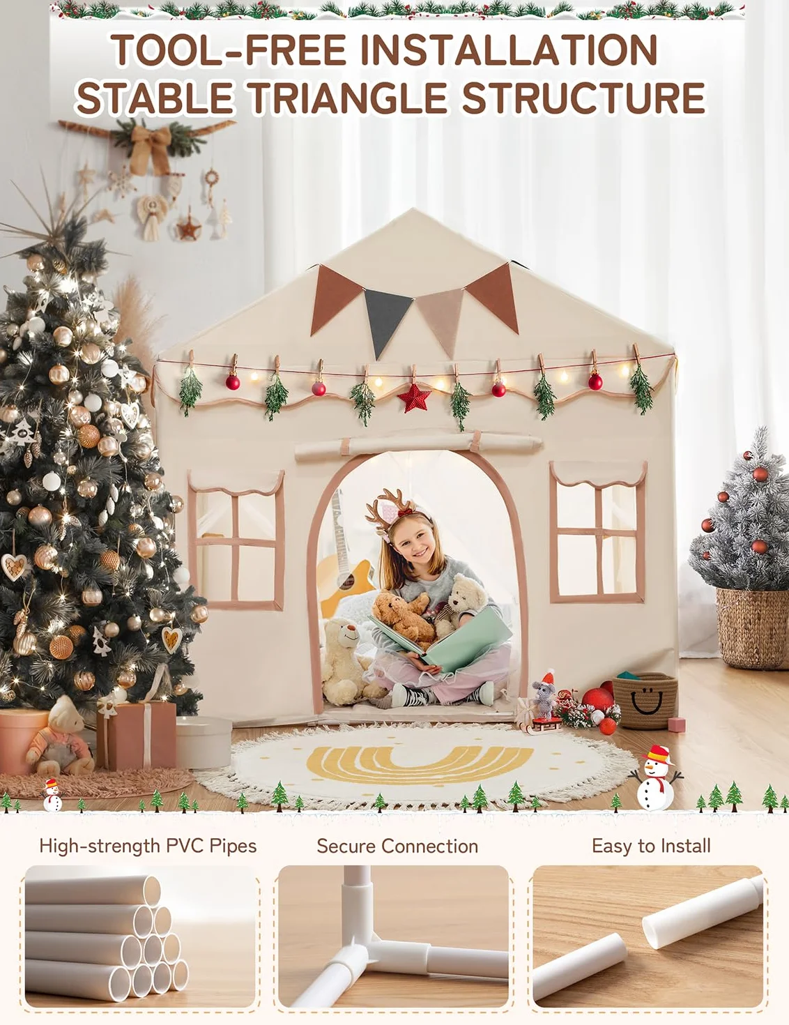 besrey Tienda de Campaña Infantil 2 en1 con Alfombra Acolchada, Luces y Banderas, Casita Infantil Tela de Juegos con 2 Puertas y 4 Ventanas, Cabañas para Niños