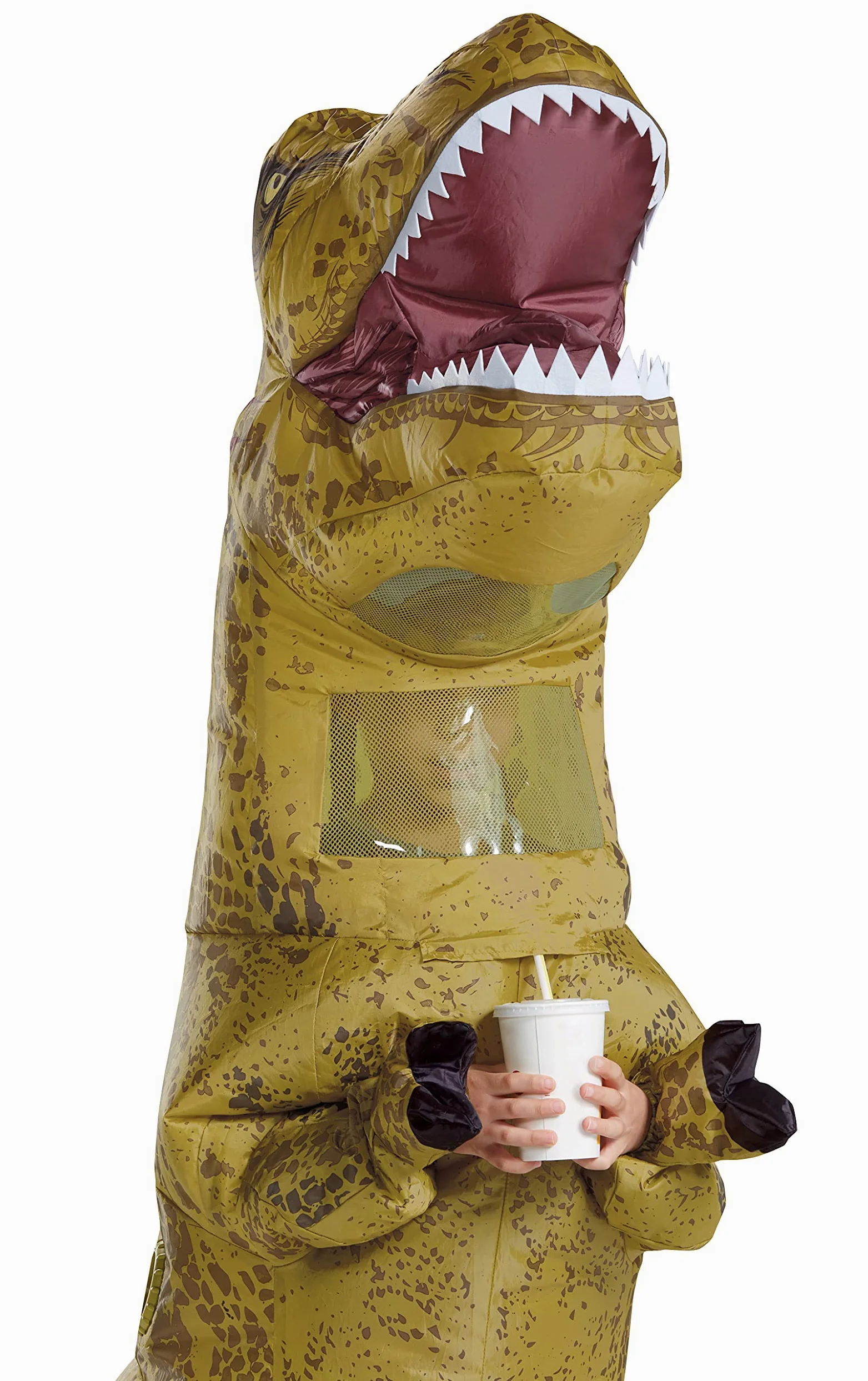 Jurassic World T-Rex Disfraz de dinosaurio inflable para niños, tamaño infantil, mono expandible operado por ventilador multicolor