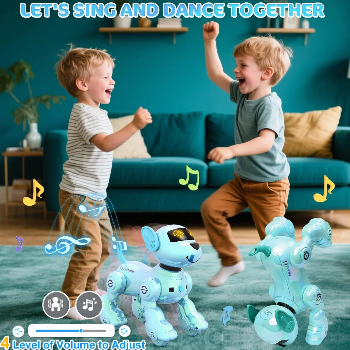 VATOS Perro Robot Recargable para Niños, Perro Robot con Control Remoto, Programable,17 Funciones Interactivas y Volumen Ajustable; Juguete de Cachorro Robot Que Canta y Baila, Regalo para Niños,Azul