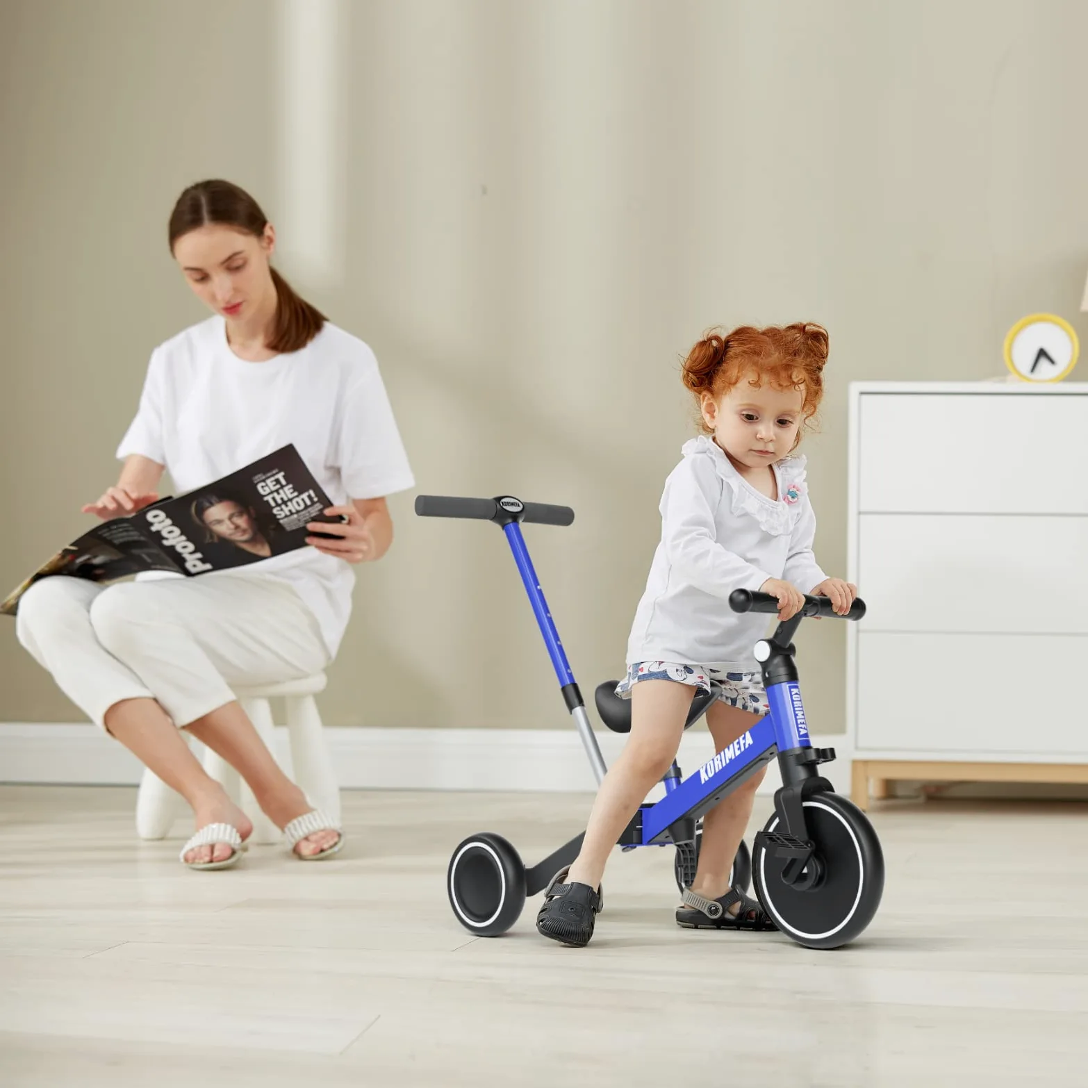 KORIMEFA Triciclos para Niños, 4 en 1 Una Bici Multifunción, Adecuado para niños de 1-3 años,Triciclo,Bicicleta,Carro de Equilibrio,Caminante, Altura del Asiento Regulable (Azul(con Mango))