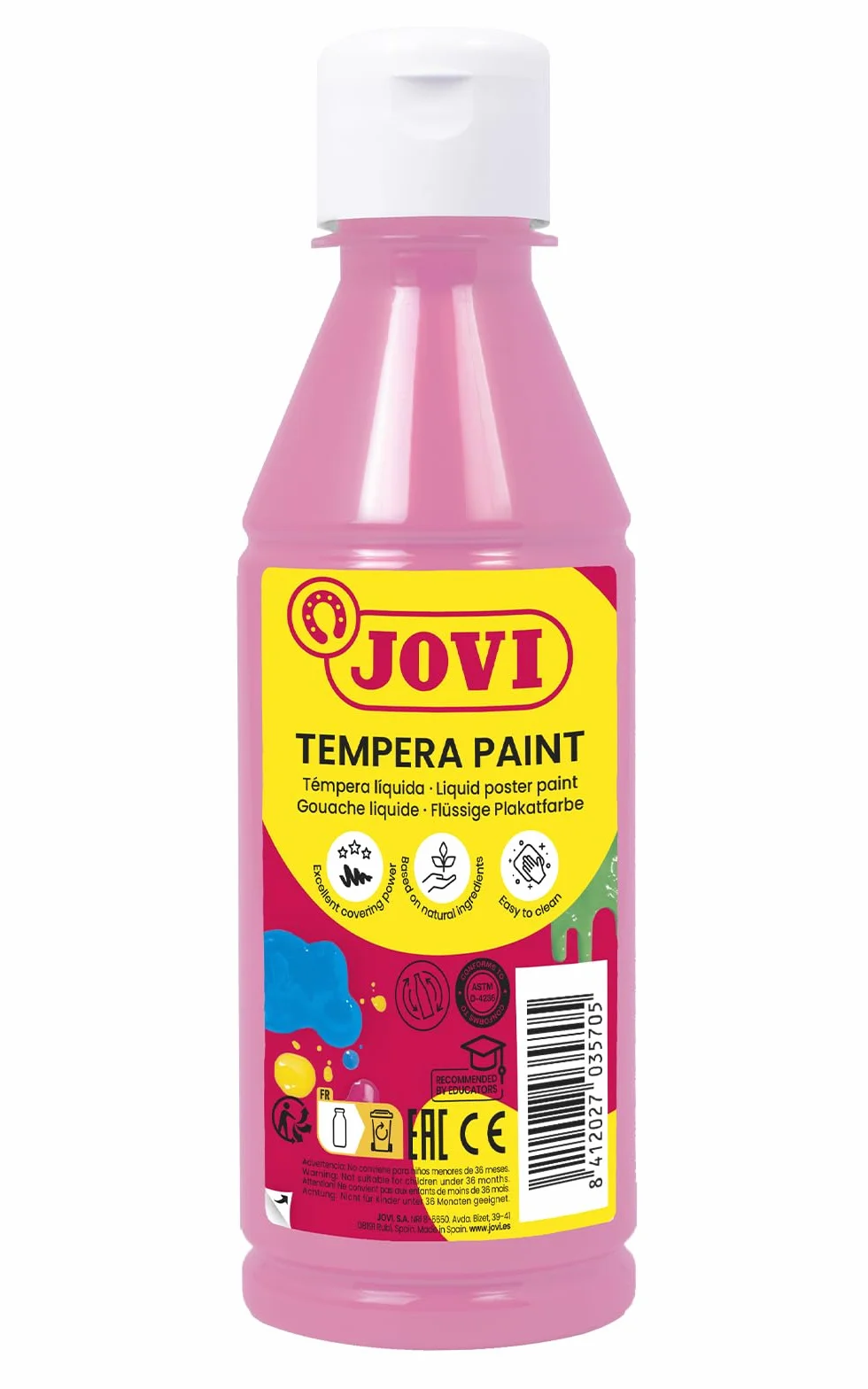 Jovi - Témpera líquida, botella de 250ml, Color Rosa, Formato escolar | Pintura a base de ingredientes naturales, Fácil de lavar, Sin gluten