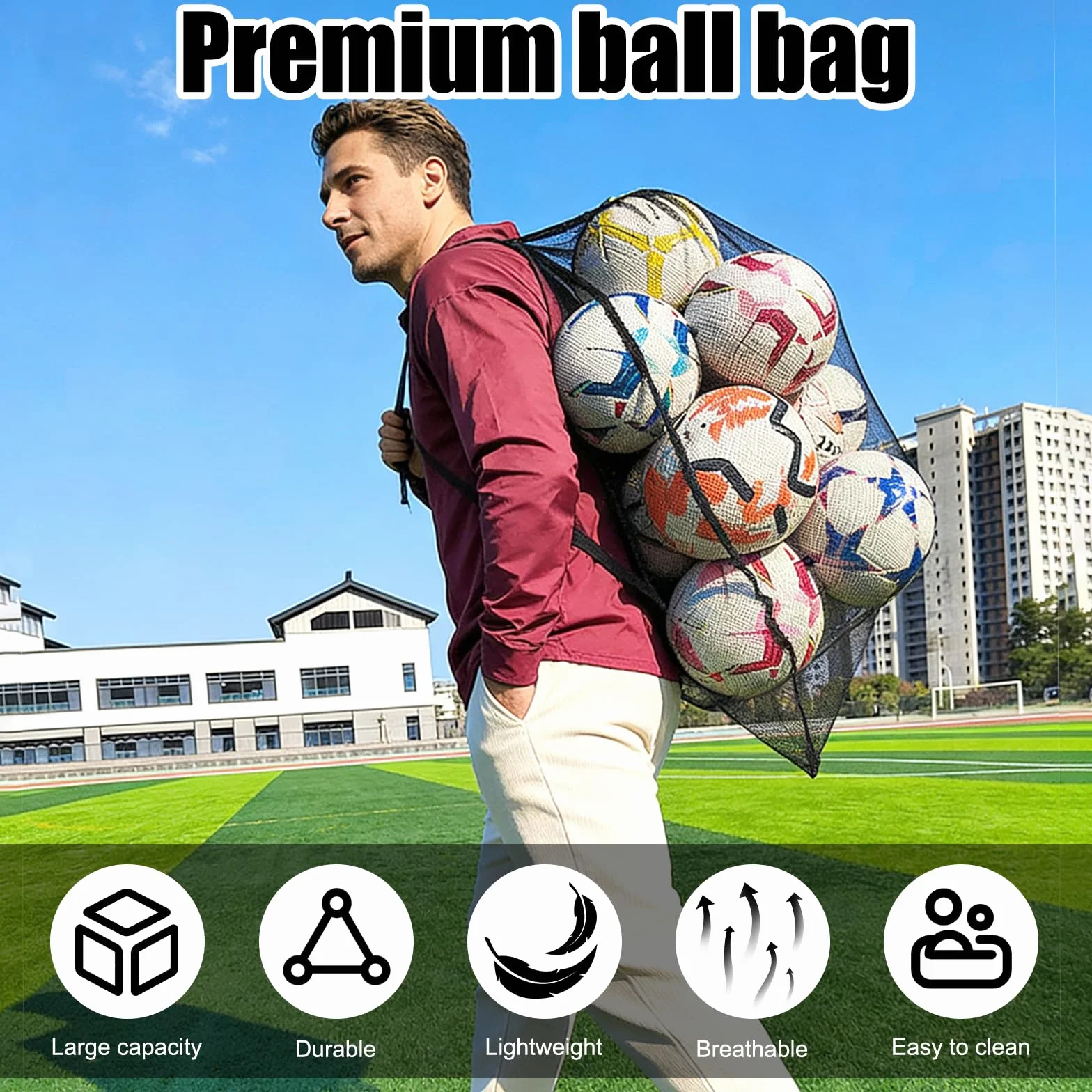 Bolsa de Malla para Balones 75.5 x 100.5 cm, 10-15 Bolas, Negro