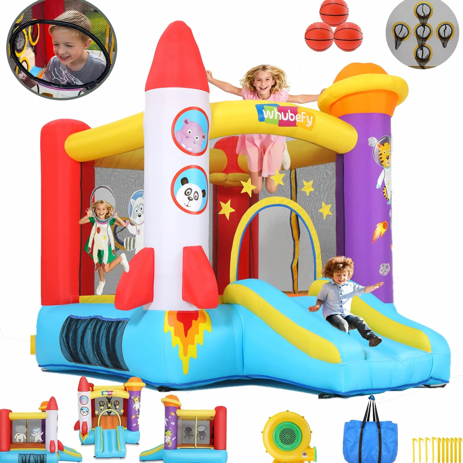 Castillo Hinchable para niños pequeños (2-8 años), Castillo Hinchable con soplador, área de Juego de astronautas y Zona de Tiro, Castillo Hinchable de Cohetes para Fiestas en Interiores y Exteriores