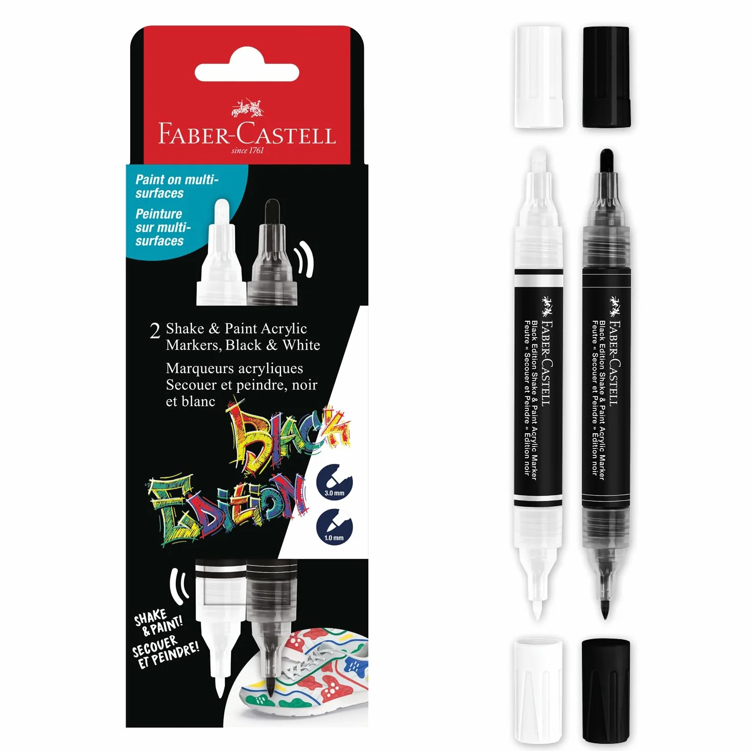 Faber Castell 285503 - Set 2 Marcadores Acrilicos Black Edition de Doble Punta Shake & Paint - Negro y Blanco