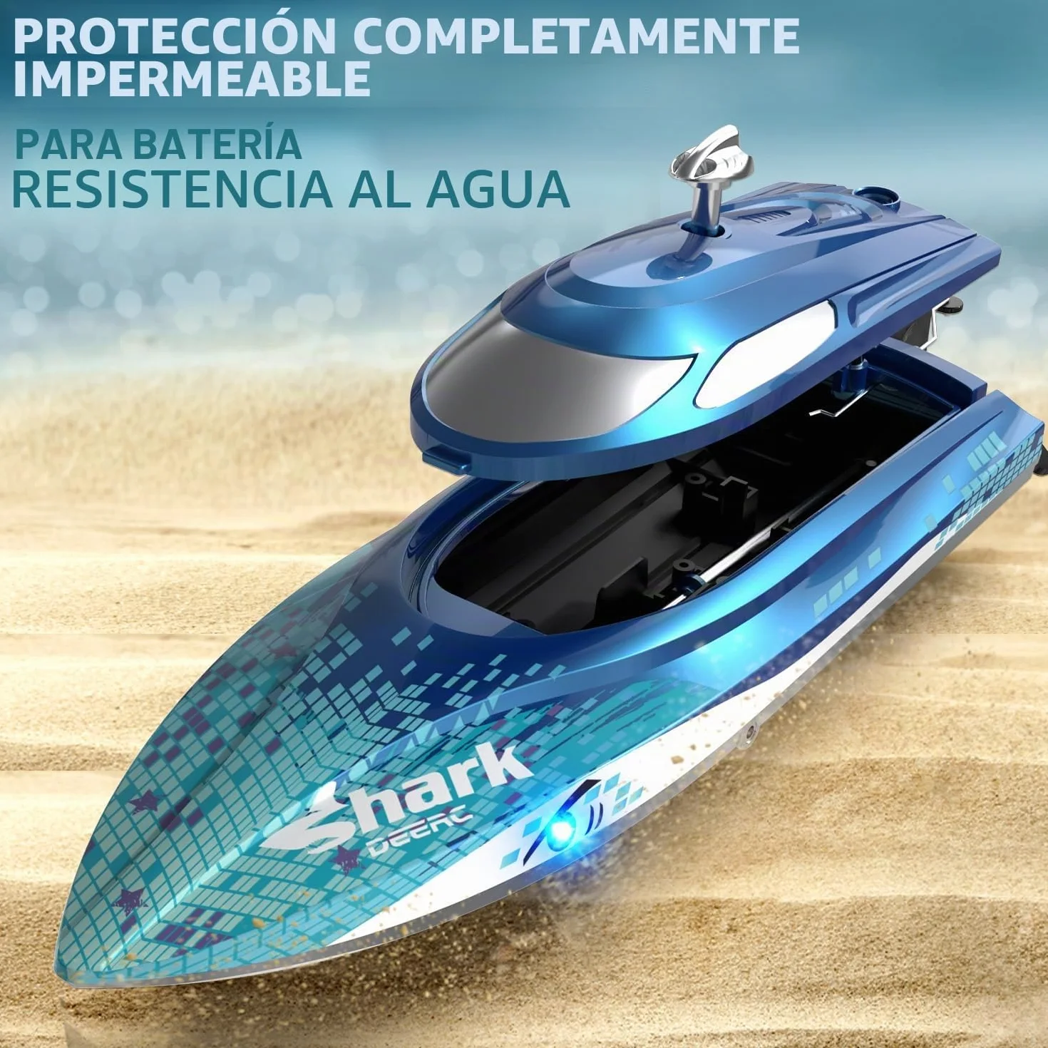 DEERC RC Boat con iluminación LED, barco tiburón teledirigido para piscinas y lagos, más de 20 km/h, barco de carreras de 2,4 GHz, juguete de piscina para niños a partir de 8 años