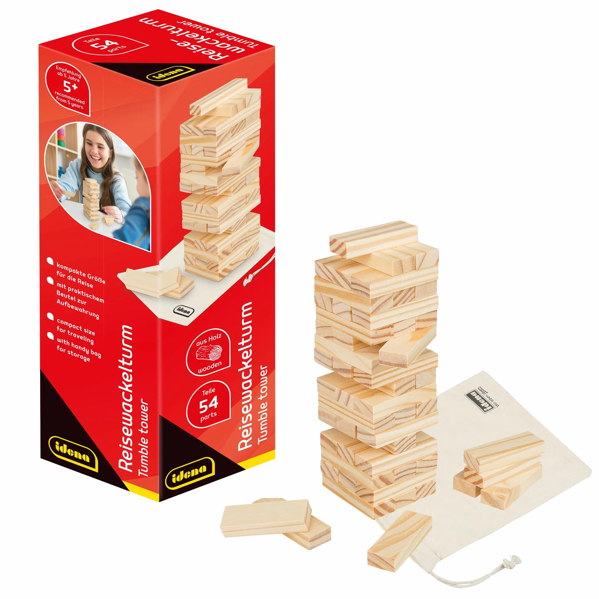 Idena 40088-Juego de Viaje Wackelturm Juego de Habilidad 54 Bloques de construcción y Bolsa de Almacenamiento, Aprox. 4.8 x 4.8 x 14.4 cm Torre apilable Grande, Color Madera Berlin 40088