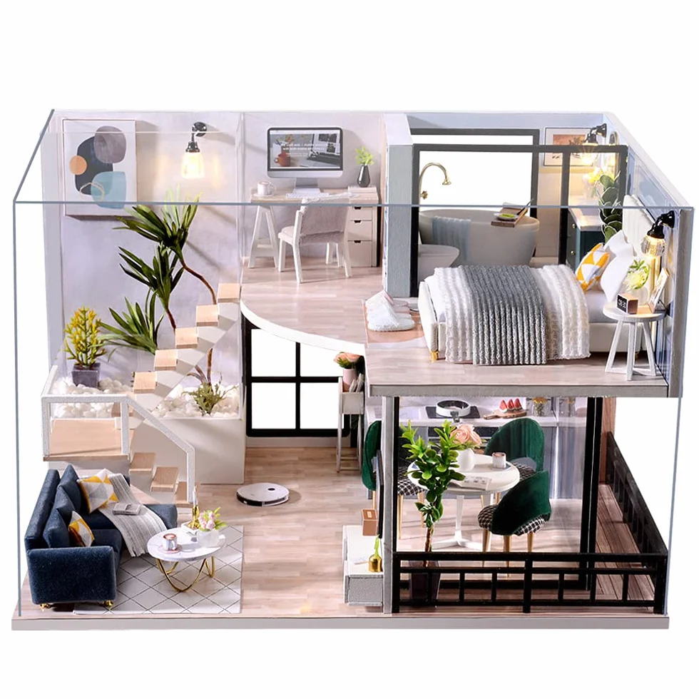 CUTEBEE Casa De MuñEcas En Miniatura con Muebles, Kit De Casa De MuñEcas De Madera DIY Plus A Prueba De Polvo Y Movimiento Musical, Escala 1:24 Idea Creativa De HabitacióN - L32
