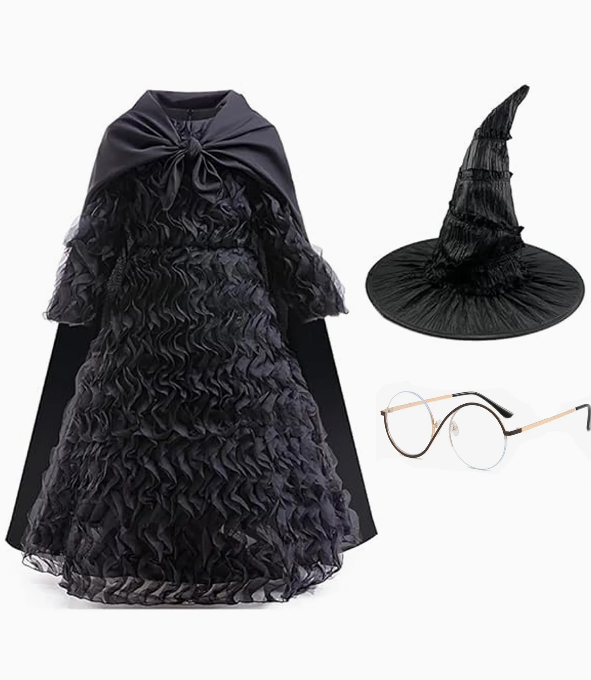 Disfraz de Elphaba para niñas, disfraz de bruja, Halloween, cosplay, fiesta de cumpleaños, traje con gafas y sombrero puntiagudo