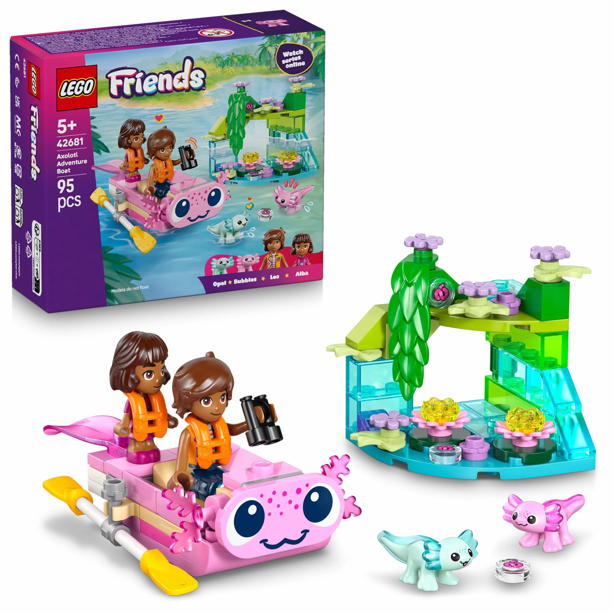 LEGO Friends Aventuras en el Barco-Ajolote de Juguete - 2 Mini Muñecos, 2 Figuras de Animales Adorables, Plantas, Flores y Accesorios - Regalo de Cumpleaños para Niñas de 5+ Años - 42681
