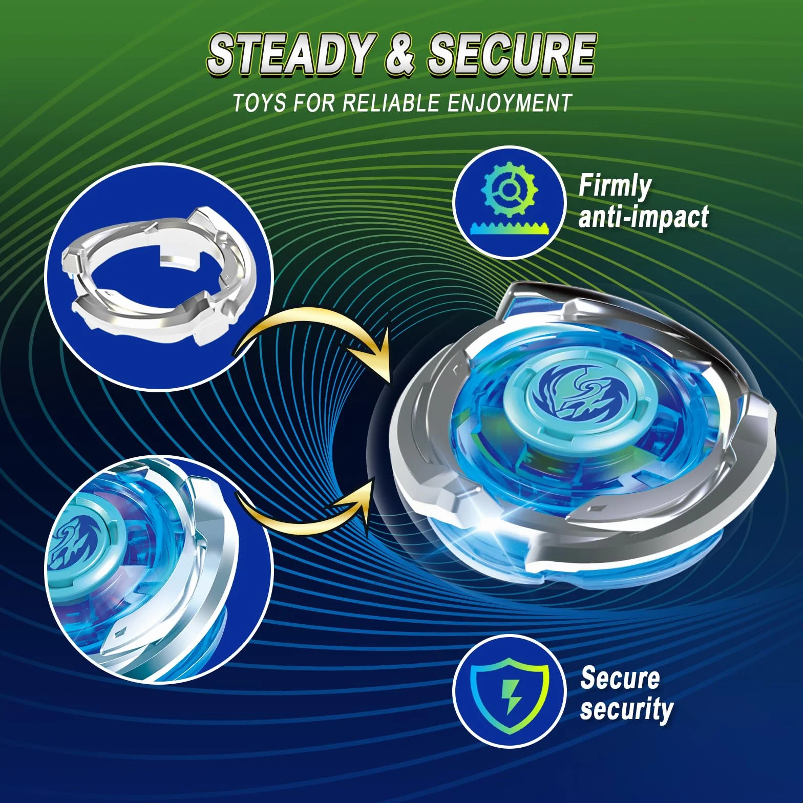 INFINITY NADO S7 Peonza 2PCS con 2 Rack Lanzadores, peonzas metálica Tipo equilibrado/Resistencia Rotación Derecha, Juguete para niños y niñas 5-12 años, Azul y Verde